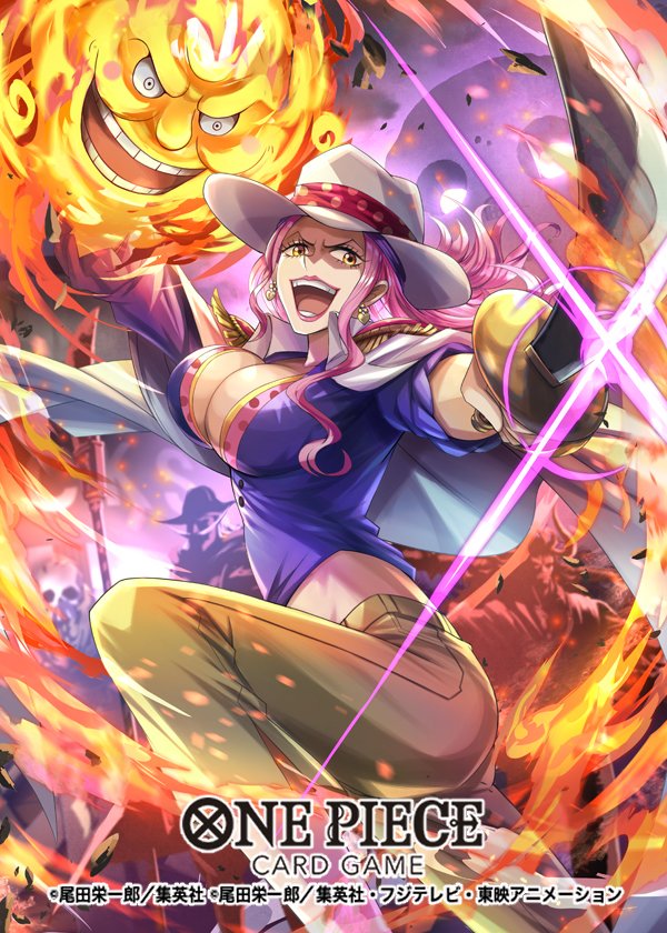 hokuyuu, charlotte linlin, edward newgate, kaidou (one piece), zeus (one piece), one piece, one piece card game, commentary request, official art, 1girl, blush stickers, breasts, copyright name, earrings, epaulettes, facial hair, fire, hat, holding, holding polearm, holding sword, holding weapon, horns, jewelry, large breasts, long hair, looking at viewer, mustache, open mouth, pink hair, pirate hat, polearm, sidelocks, sparkle, sword, weapon