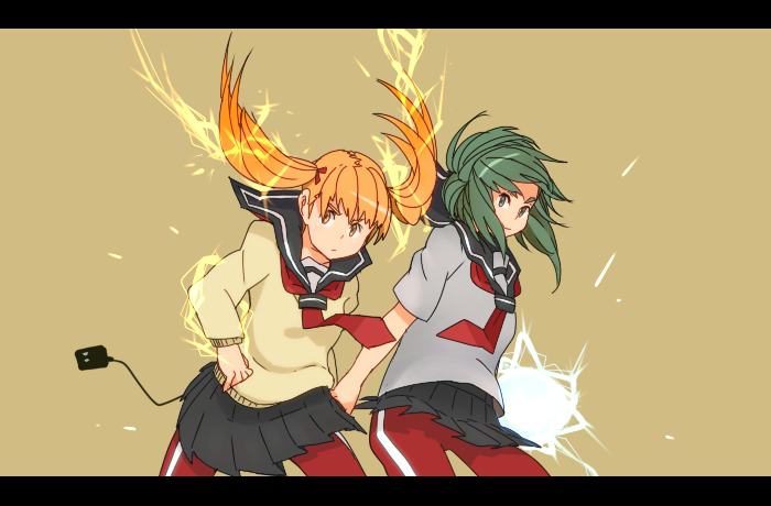 nanora, electric plug, electricity, green eyes, green hair, letterboxed, orange eyes, orange hair, school uniform, twintails