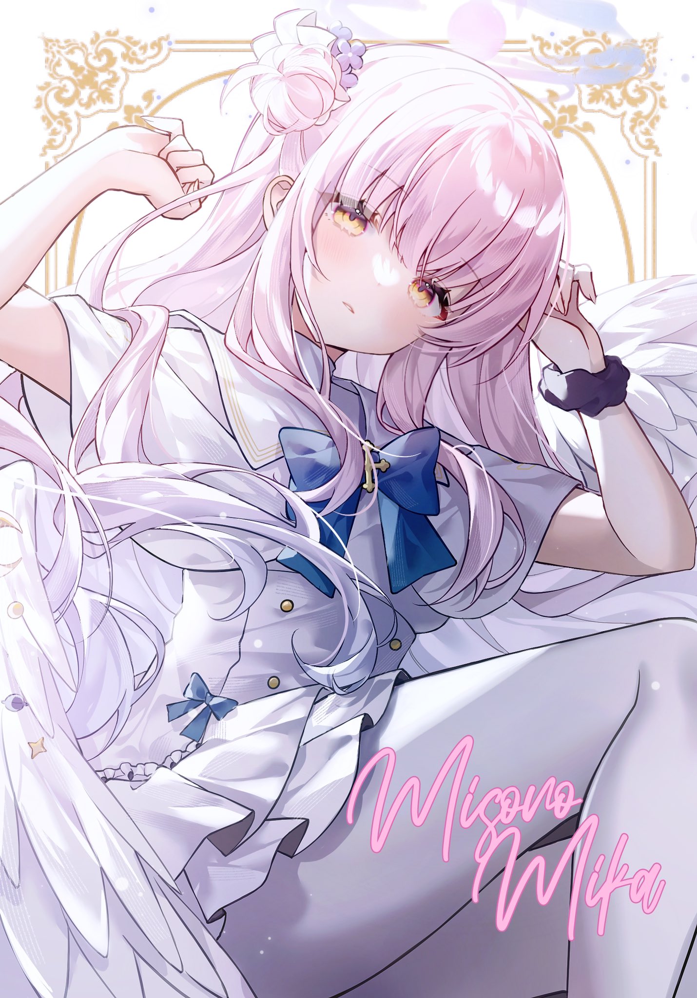 hezi (measukivov), mika (blue archive), blue archive, commentary request, highres, 1girl, angel wings, blue bow, blush, bow, breasts, buttons, capelet, double-breasted, dress, feathered wings, flower, gold trim, hair bun, hair flower, hair ornament, halo, long hair, looking at viewer, low wings, medium breasts, pantyhose, parted lips, pink halo, scrunchie, single hair bun, single side bun, solo, very long hair, white capelet, white dress, white pantyhose, white wings, wing ornament, wings, wrist scrunchie, yellow eyes