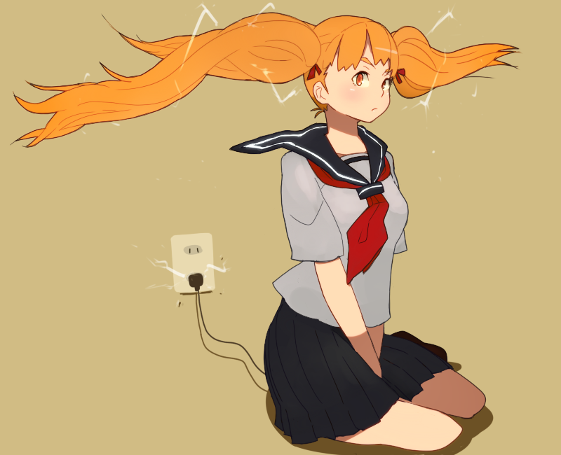 nanora, electric plug, electrical outlet, electricity, orange eyes, orange hair, school uniform, sitting, solo, twintails