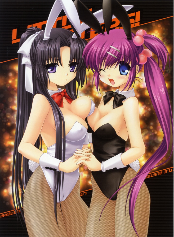 kurugaya yuiko, saigusa haruka, sasasegawa sasami, little busters!, 2girls, animal ears, black hair, blue eyes, breasts, cleavage, fake animal ears, fishnet pantyhose, fishnets, large breasts, long hair, multiple girls, pantyhose, playboy bunny, purple eyes, purple hair, rabbit ears