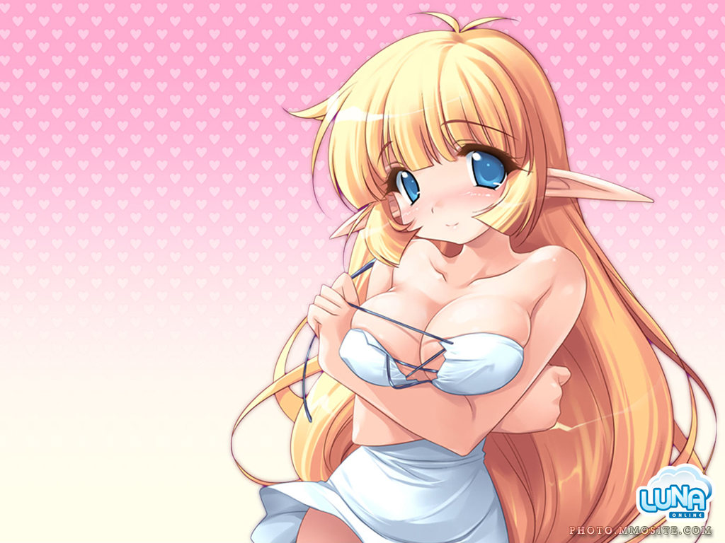 emily (pure dream), eya interactive, luna online, character request, 1girl, blonde hair, blue eyes, blush, breasts, cleavage, dress, elf, female focus, large breasts, long hair, pointy ears, smile, solo, undressing, white dress