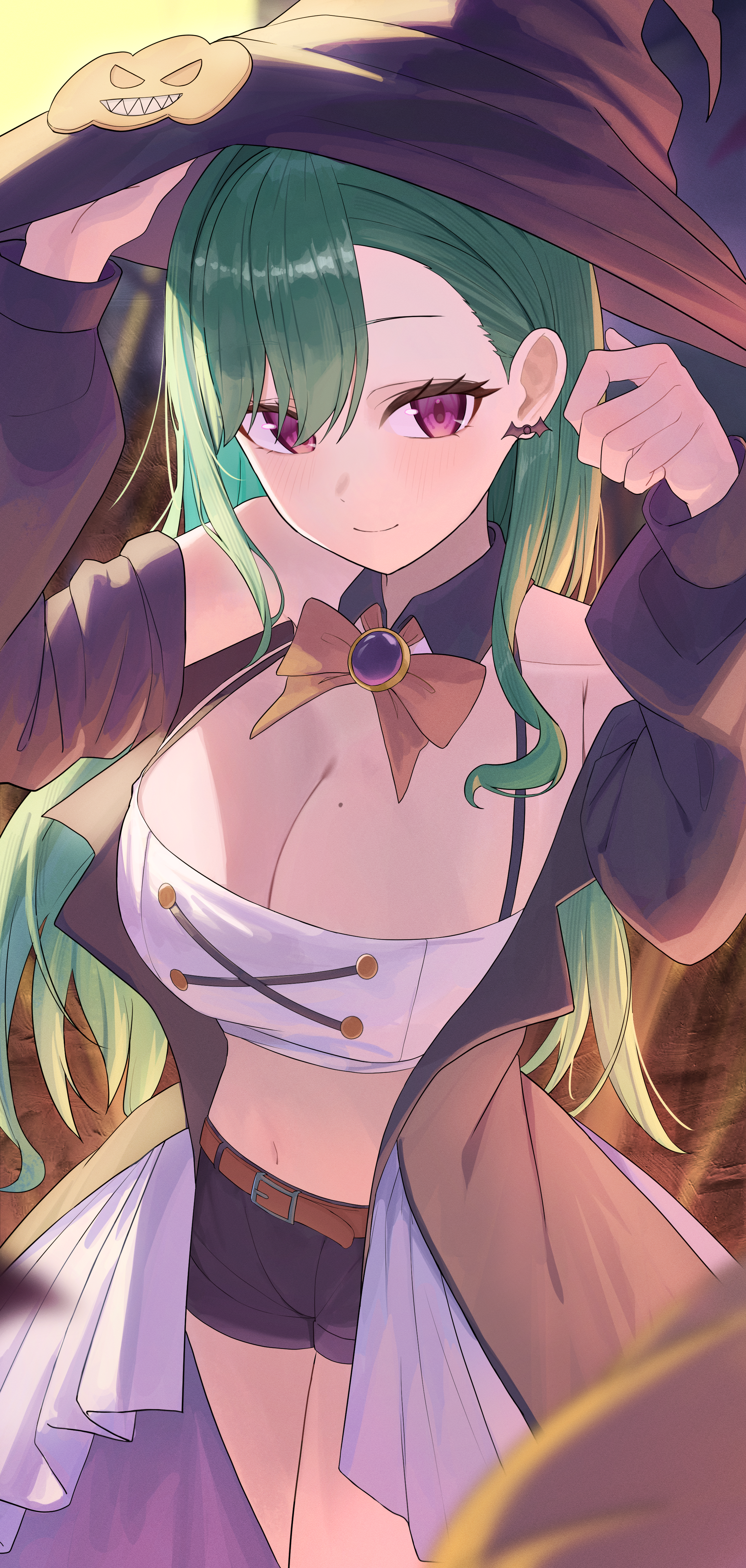 ronununn, yakumo beni, vspo!, absurdres, commentary request, highres, 1girl, alternate costume, bare shoulders, belt, black coat, black hat, black shorts, bow, bowtie, breasts, brooch, cleavage, closed mouth, coat, cowboy shot, crop top, detached collar, earrings, green hair, hands up, hat, jewelry, large breasts, long hair, long sleeves, looking at viewer, midriff, mole, mole on breast, navel, off shoulder, open clothes, open coat, red eyes, shirt, short shorts, shorts, sleeveless, sleeveless shirt, smile, solo, spaghetti strap, stomach, thighs, virtual youtuber, white shirt, witch hat