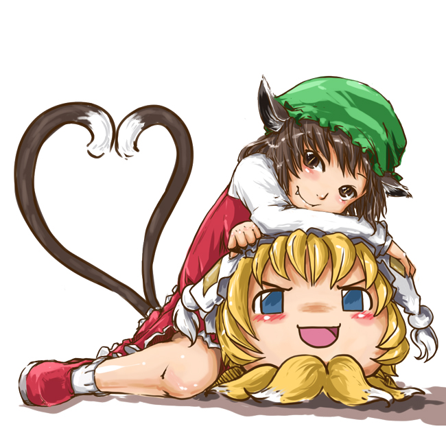 utauinu, chen, yakumo ran, touhou, bad id, bad pixiv id, 1girl, animal ears, animal hat, blonde hair, blue eyes, brown eyes, brown hair, cat ears, cat girl, cat tail, fang, female focus, fox tail, hat, heart, heart tail, long sleeves, mob cap, multiple tails, shoes, short hair, socks, solo, tail, tassel, white background, yukkuri shiteitte ne