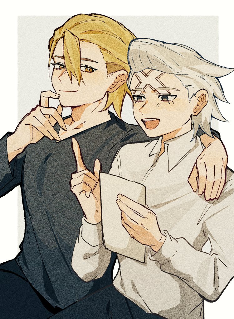 0a 9 (pixiv82791714), dr. stone, 2boys, :d, arm around shoulder, black pants, black shirt, blonde hair, closed mouth, collared shirt, grey eyes, grey hair, hair between eyes, hair slicked back, hand on another's shoulder, hands up, holding, holding paper, index finger raised, long sleeves, male focus, multiple boys, open mouth, pants, paper, scar, scar on face, scar on forehead, shirt, short hair, sitting, smile, stanley snyder (dr.stone), white hair, white shirt, xeno (dr.stone), yellow eyes