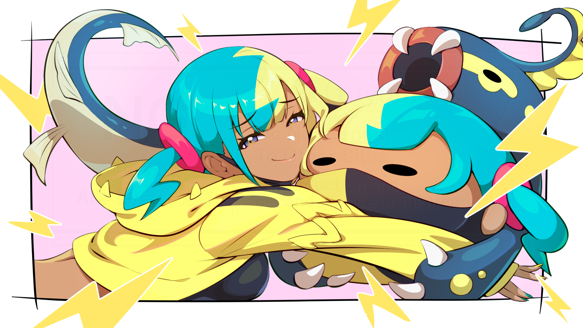 tuyumori kaoru (alilybell1241), canari (pokemon), eelektross, nintendo, pokemon, pokemon legends: z-a, commentary, highres, 1girl, black shirt, border, breasts, character doll, closed mouth, doll, eyelashes, gen 5 pokemon, grey eyes, half-closed eyes, holding, holding doll, hood, hood down, hooded jacket, jacket, lightning bolt symbol, long sleeves, multicolored hair, nail polish, outside border, pokemon (creature), purple background, raised inner eyebrows, shirt, short twintails, smile, twintails, white border, yellow jacket, yellow nails