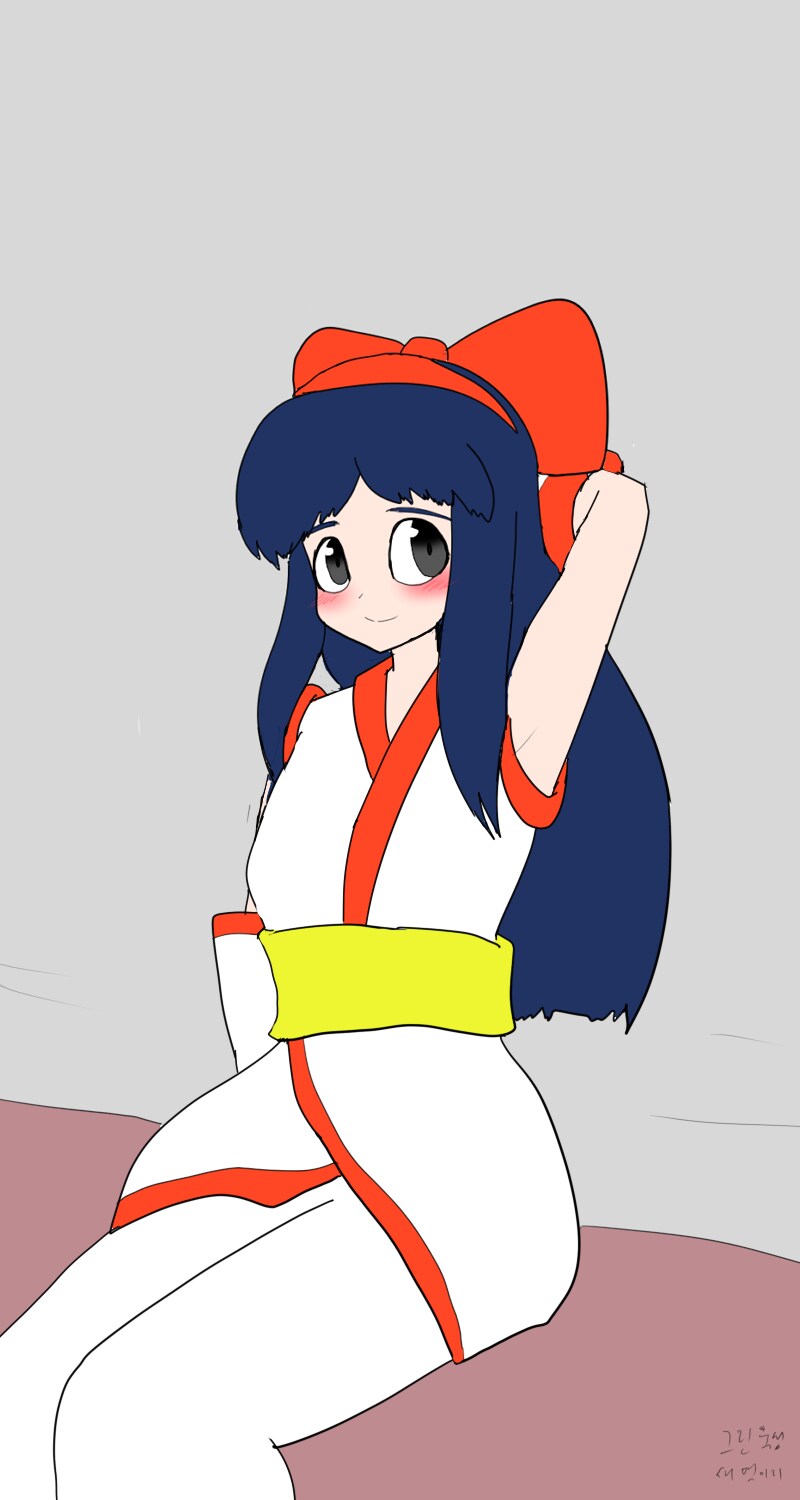 nakoruru, samurai spirits, snk, the king of fighters, highres, 1girl, ainu clothes, arm behind back, arm support, armpits, artist name, black eyes, blue hair, blush, breasts, hair ribbon, legs, long hair, medium breasts, pants, ribbon, smile, thighs