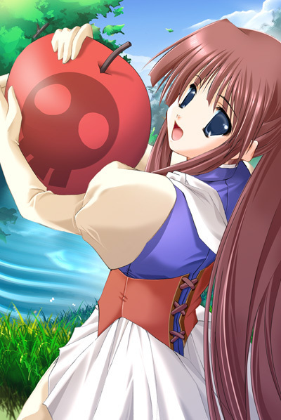 snow white (fairy tale), snow white and the seven dwarfs (disney), 1girl, apple, brown hair, cloud, cowboy shot, day, dress, female focus, food, fruit, long hair, open mouth, outdoors, poison apple, skull (symbol), skull print, sky, smile, solo, standing, tree, very long hair