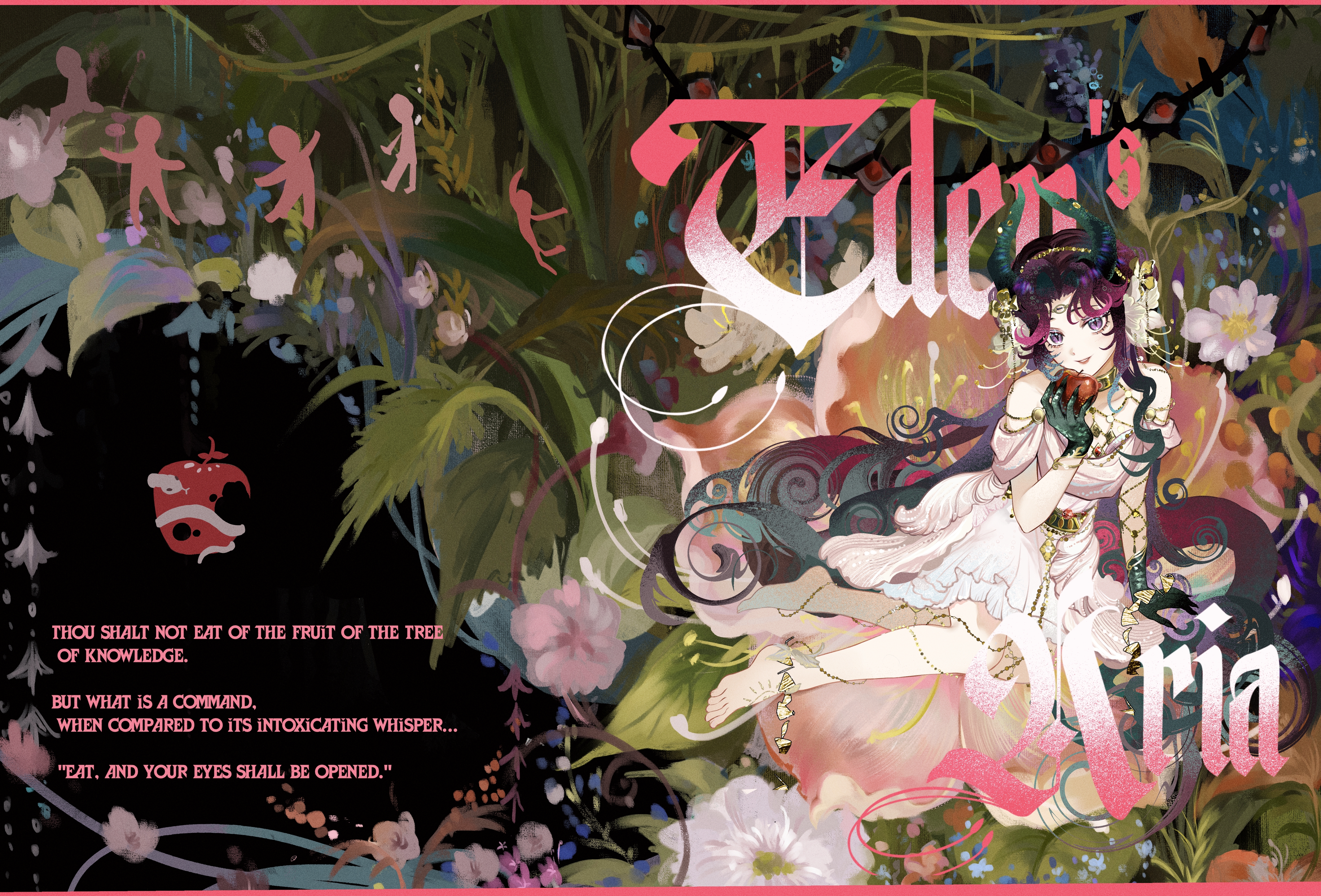 sijiu 49, anjo nala, reverse:1999, absurdres, highres, 1girl, apple, bare shoulders, barefoot, black background, black hair, black horns, demon girl, demon horns, dress, english text, flower, food, fruit, full body, gloves, gold choker, gradient hair, green gloves, grin, hair flower, hair ornament, hand up, holding, holding food, holding fruit, horns, multicolored hair, off-shoulder dress, off shoulder, official alternate costume, on flower, pink flower, plant, purple eyes, purple hair, short dress, sitting, smile, snake, solo, white dress, white flower, yokozuwari