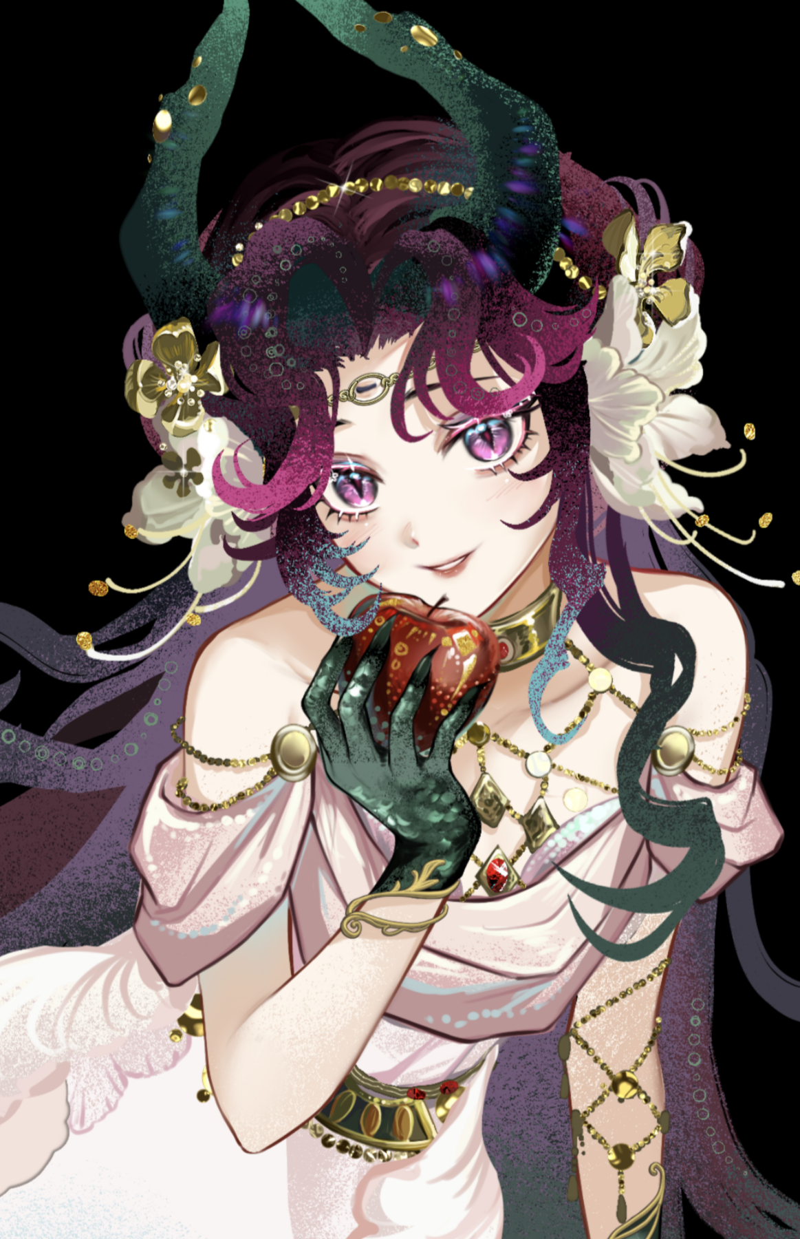 sijiu 49, anjo nala, reverse:1999, cropped, highres, 1girl, apple, bare shoulders, black background, black hair, black horns, demon girl, demon horns, dress, flower, food, fruit, gloves, gold choker, gradient hair, green gloves, grin, hair flower, hair ornament, hand up, holding, holding food, holding fruit, horns, multicolored hair, off-shoulder dress, off shoulder, official alternate costume, purple eyes, purple hair, smile, solo, upper body, white dress, white flower