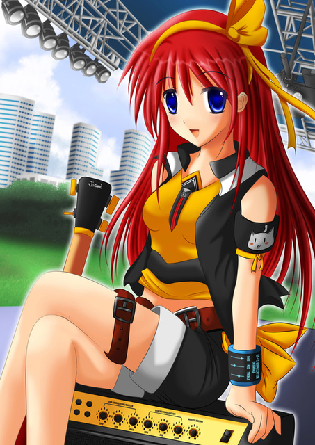 1girl, belt, blue eyes, blush, crossed legs, female focus, hair ribbon, long hair, movie set, open mouth, outdoors, ribbon, sitting, sky, solo