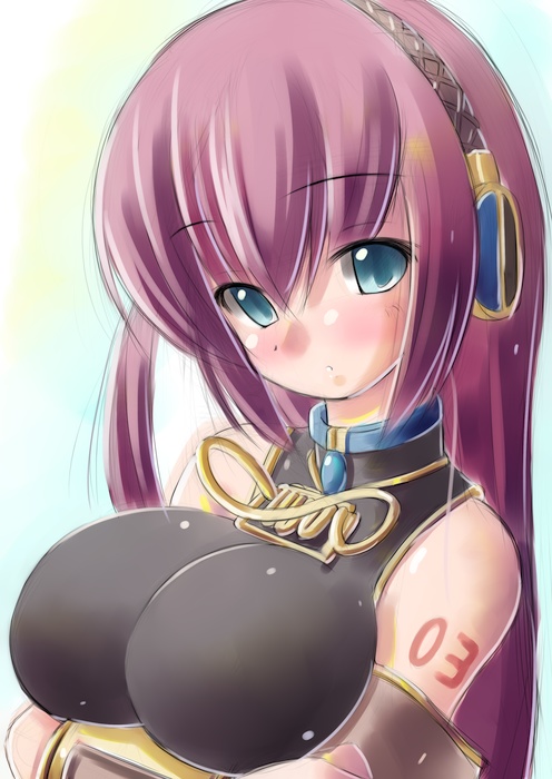 kourourin, megurine luka, vocaloid, bare shoulders, blush, breasts, headphones, large breasts, long hair, solo