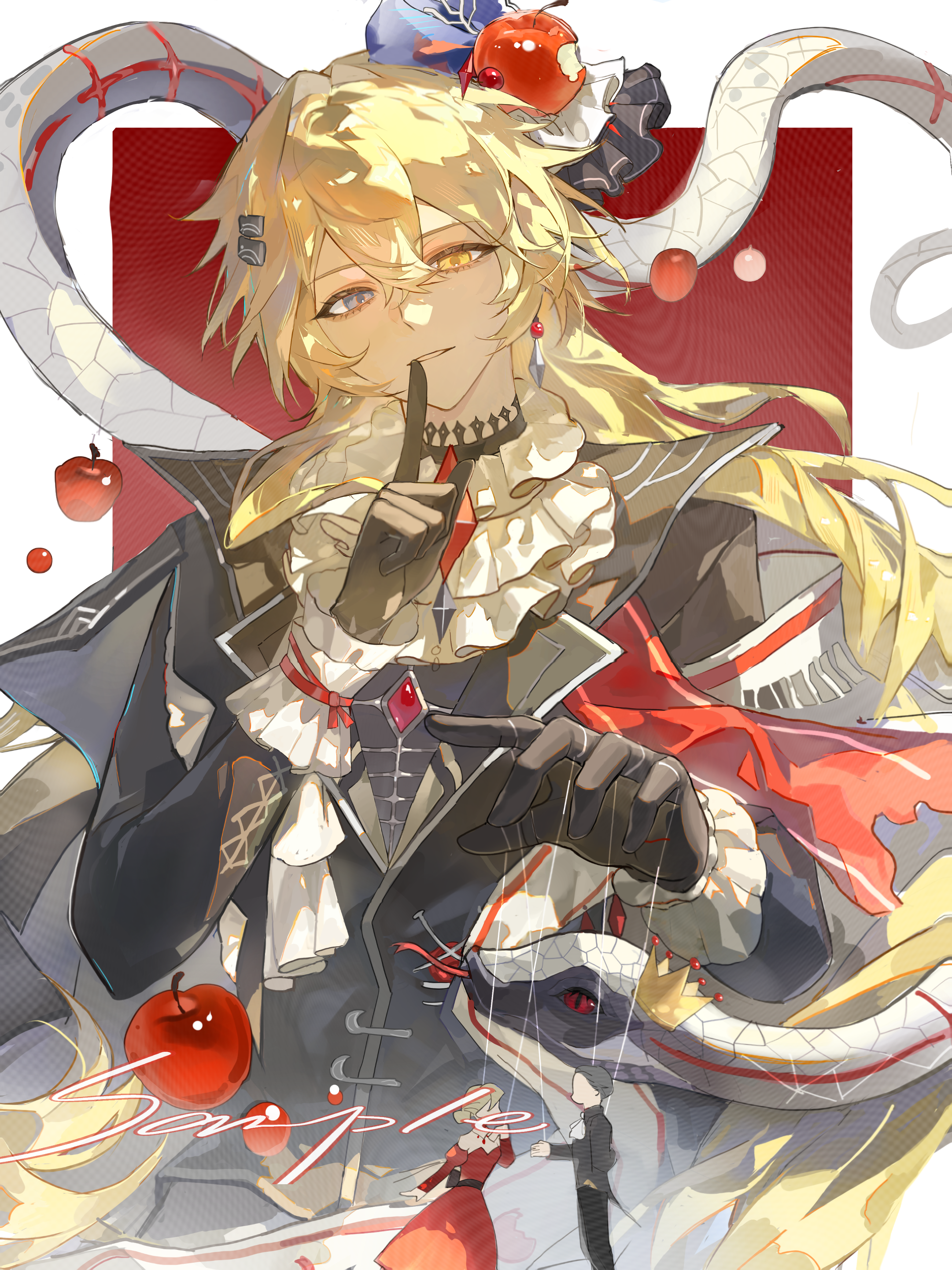 heiyi mataozi, original, absurdres, highres, 1boy, apple, black gloves, black jacket, blonde hair, blue eyes, border, double-parted bangs, food, fruit, gloves, hair between eyes, hand up, heterochromia, index finger raised, jacket, long hair, long sleeves, looking at viewer, male focus, outside border, parted lips, red background, sample watermark, snake, solo, upper body, watermark, white border, yellow eyes