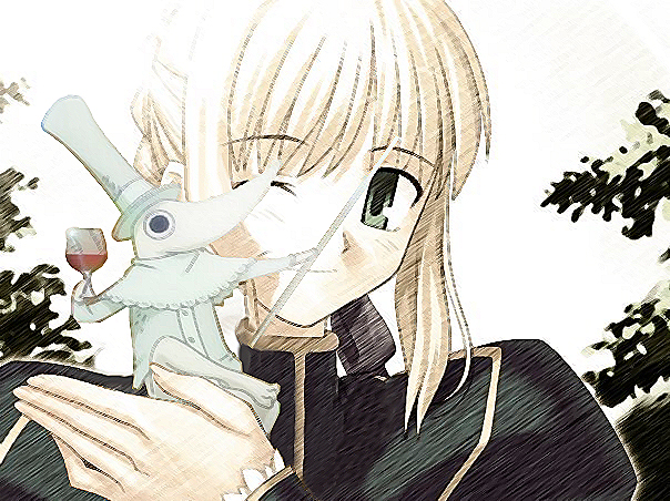 artoria pendragon (fate), excalibur (soul eater), saber (fate), fate/stay night, fate (series), soul eater, third-party edit, 00s, 1girl, alcohol, cane, crossover, hat, parody, top hat, wine