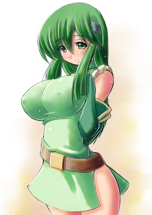 kourourin, palla (fire emblem), fire emblem, fire emblem: mystery of the emblem, fire emblem: shadow dragon, fire emblem gaiden, nintendo, pegasus knight uniform (fire emblem), 1girl, blush, breasts, breasts squeezed together, covered erect nipples, elbow gloves, female focus, fingerless gloves, gloves, green eyes, green hair, hairband, impossible clothes, impossible shirt, large breasts, long hair, matching hair/eyes, shirt, solo
