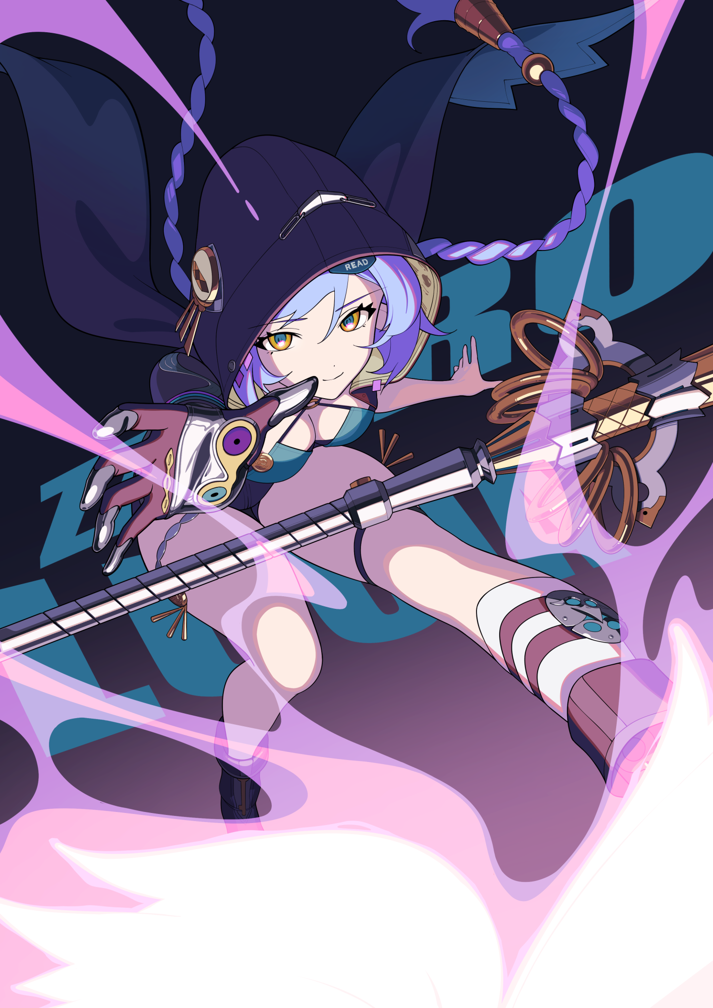 buncho salmon, lucia elowen, zenless zone zero, highres, 1girl, black bra, black cape, black gloves, bra, braid, cape, closed mouth, gloves, long hair, looking at viewer, polearm, smile, solo, thigh strap, twin braids, underwear, very long hair, weapon, yellow eyes