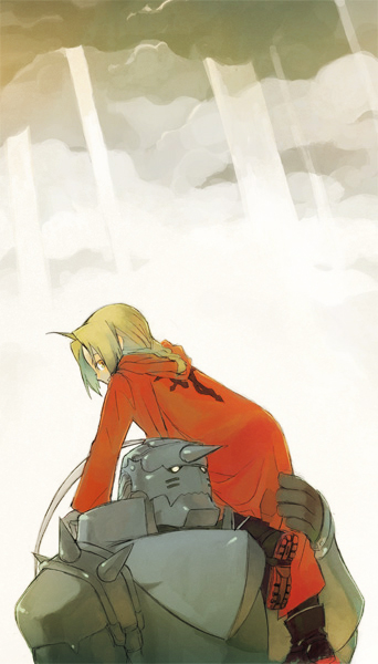 komagarita, alphonse elric, edward elric, fullmetal alchemist, 00s, 2boys, ahoge, armor, blonde hair, boots, braid, brothers, family, flamel symbol, male focus, multiple boys, siblings, single braid, sky