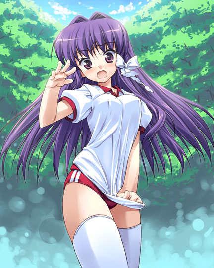 hoshizaki hikaru, fujibayashi kyou, clannad, 00s, 1girl, blush, buruma, cowboy shot, day, embarrassed, female focus, hair intakes, long hair, outdoors, purple eyes, purple hair, ribbon, solo, thighhighs