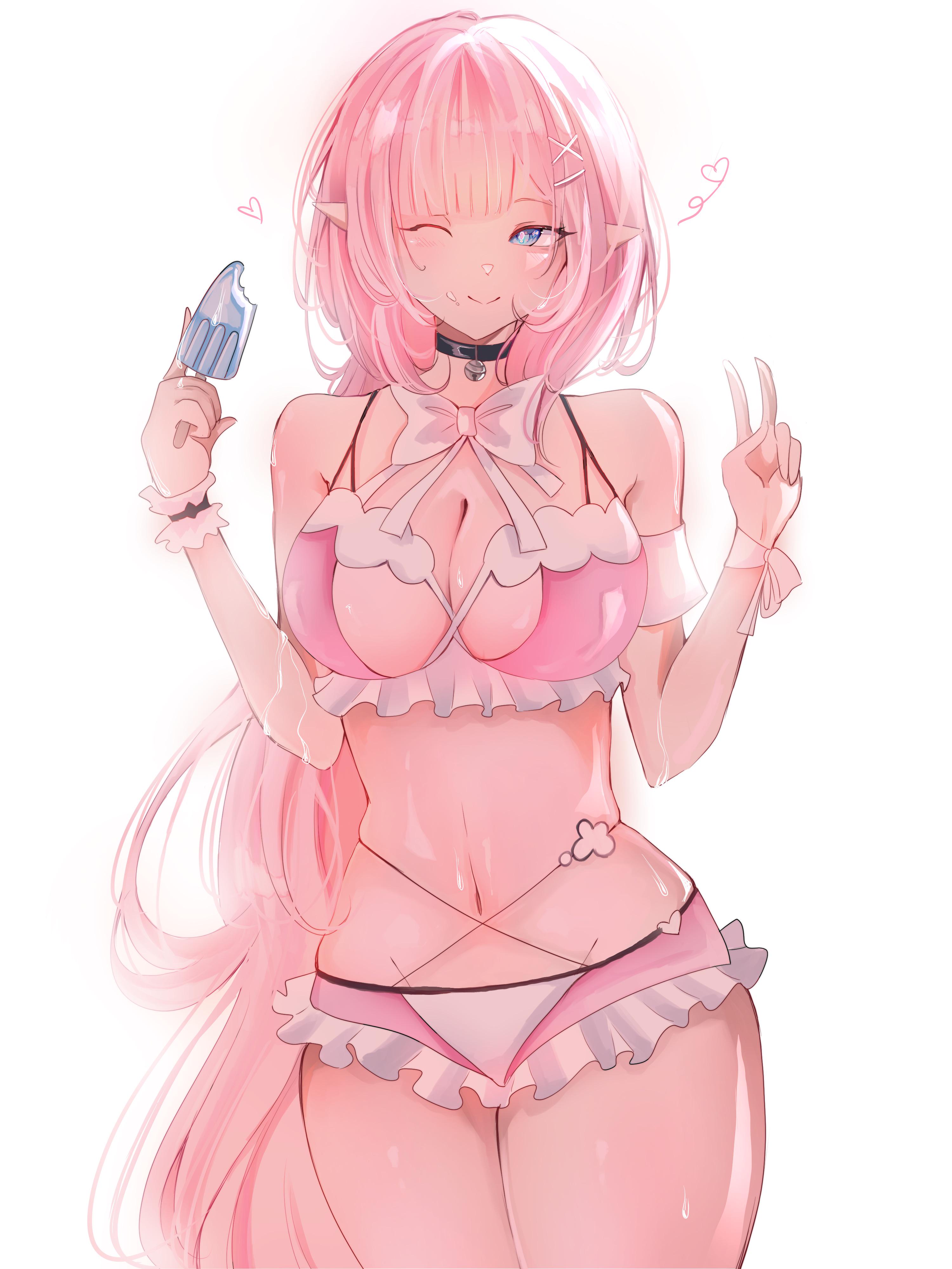 elysia (honkai impact), elysia (miss pink elf) (honkai impact), elysia (summer miss elf) (honkai impact), honkai (series), honkai impact 3rd, absurdres, commentary, commission, english commentary, highres, 1girl, ;), bell, blue eyes, breasts, bunnyselina, cleavage, elf, food, holding, holding food, holding popsicle, large breasts, long hair, looking at viewer, midriff, navel, neck bell, one eye closed, pink hair, pointy ears, popsicle, prototype design, simple background, smile, solo, swept bangs, thighs, v, very long hair, white background