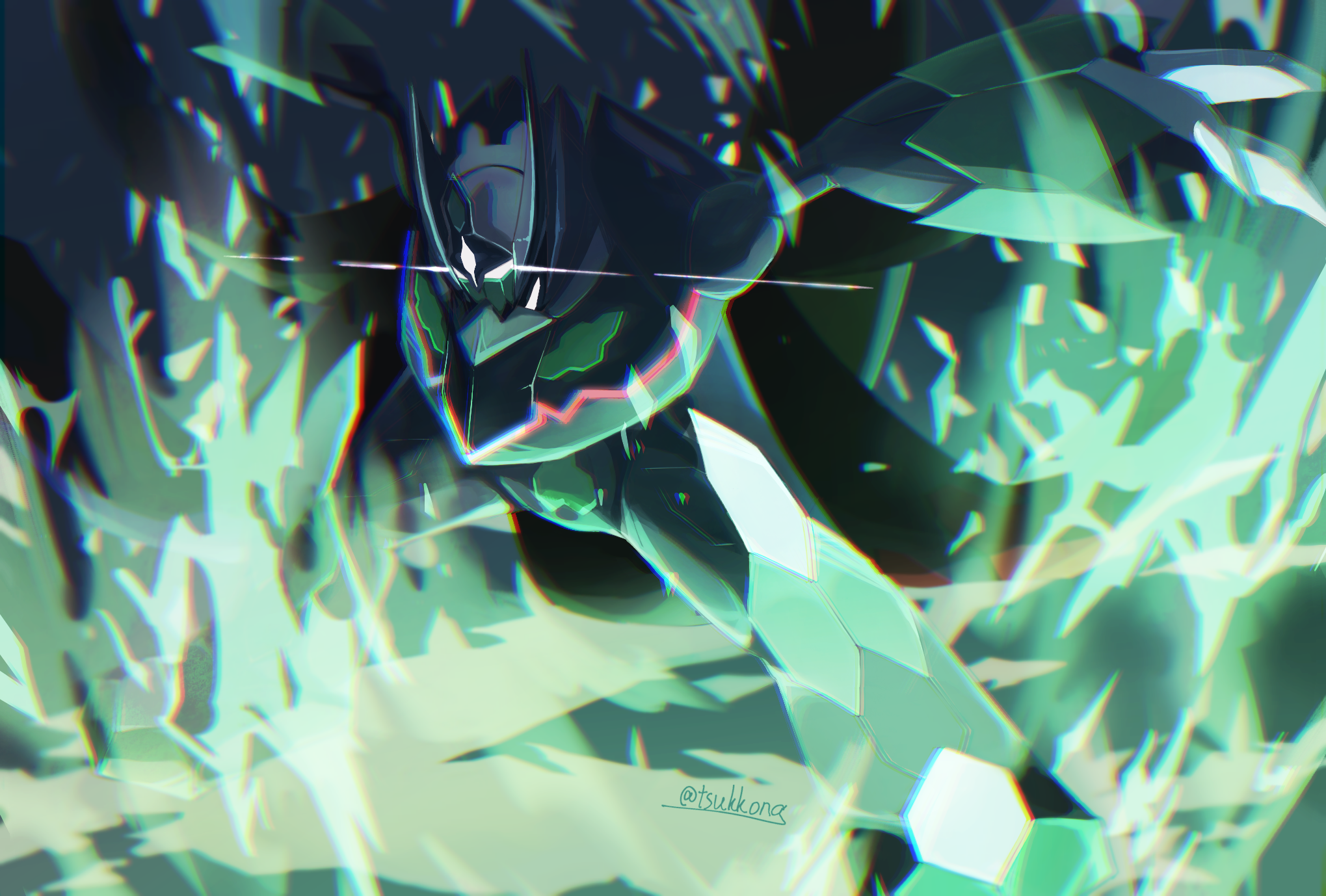 tsukkon, zygarde, zygarde (complete), nintendo, pokemon, commentary request, highres, chromatic aberration, claws, empty eyes, gen 6 pokemon, legendary pokemon, pokemon (creature), pokemon focus, solo, twitter username, wings