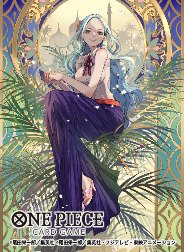 nanahara shie, nefertari vivi, one piece, one piece card game, commentary request, official art, 1girl, blue hair, blue skirt, copyright name, earrings, eyelashes, full body, high heels, interlocked fingers, jewelry, long hair, long skirt, neck ribbon, pink shoes, ribbon, shirt, shoes, sidelocks, skirt, sleeveless, sleeveless shirt, smile, solo