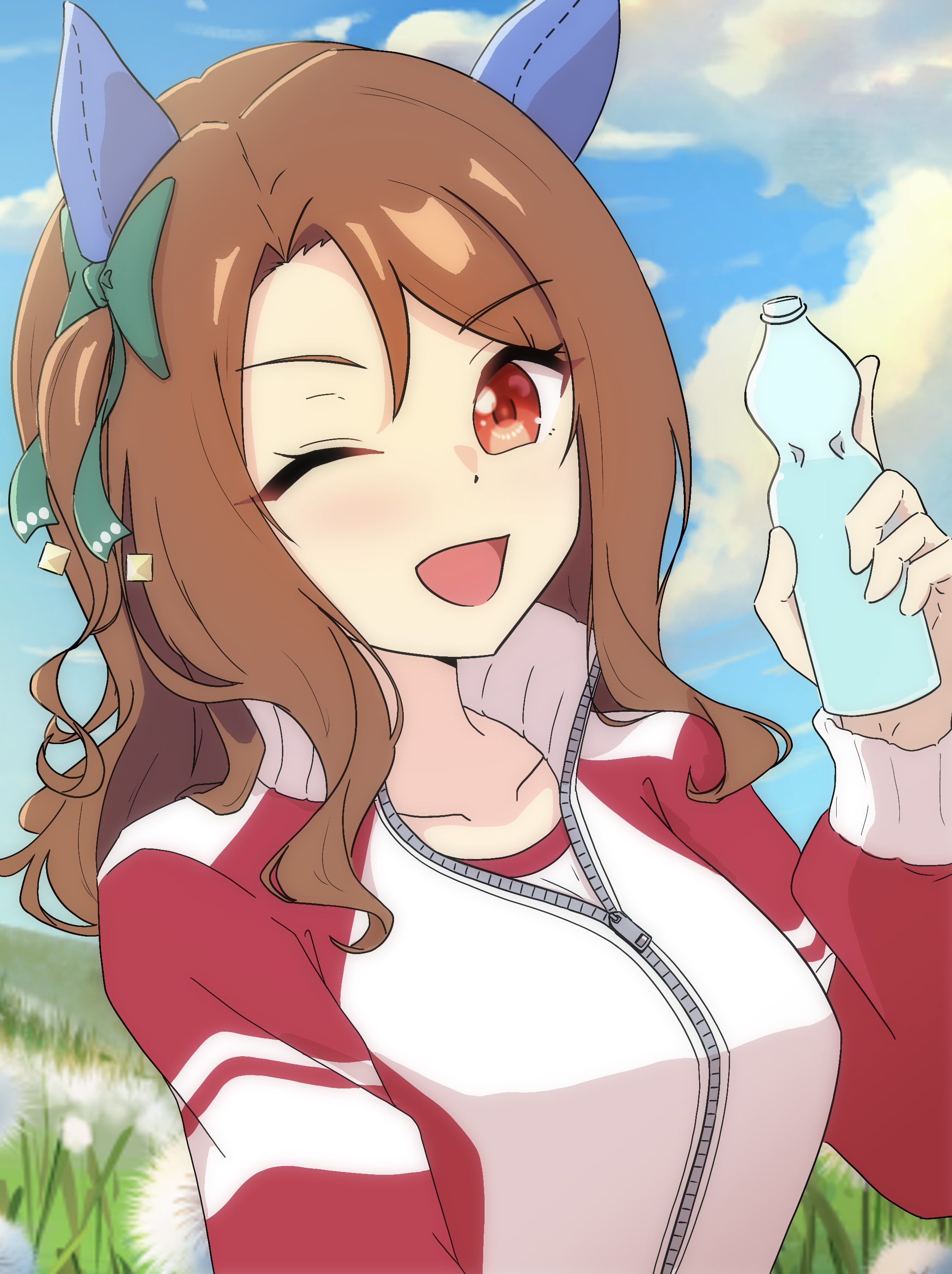 hnkn hkr, king halo (umamusume), umamusume, absurdres, highres, 1girl, animal ears, bottle, brown hair, ear covers, holding, holding bottle, horse ears, horse girl, jacket, long sleeves, looking at viewer, open mouth, puffy long sleeves, puffy sleeves, red eyes, red jacket, smile, solo, upper body