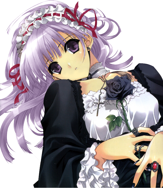 suzuhira hiro, 1girl, blush, female focus, flower, frills, goth fashion, long hair, maid, nail polish, purple eyes, purple hair, rose, solo, transparent background