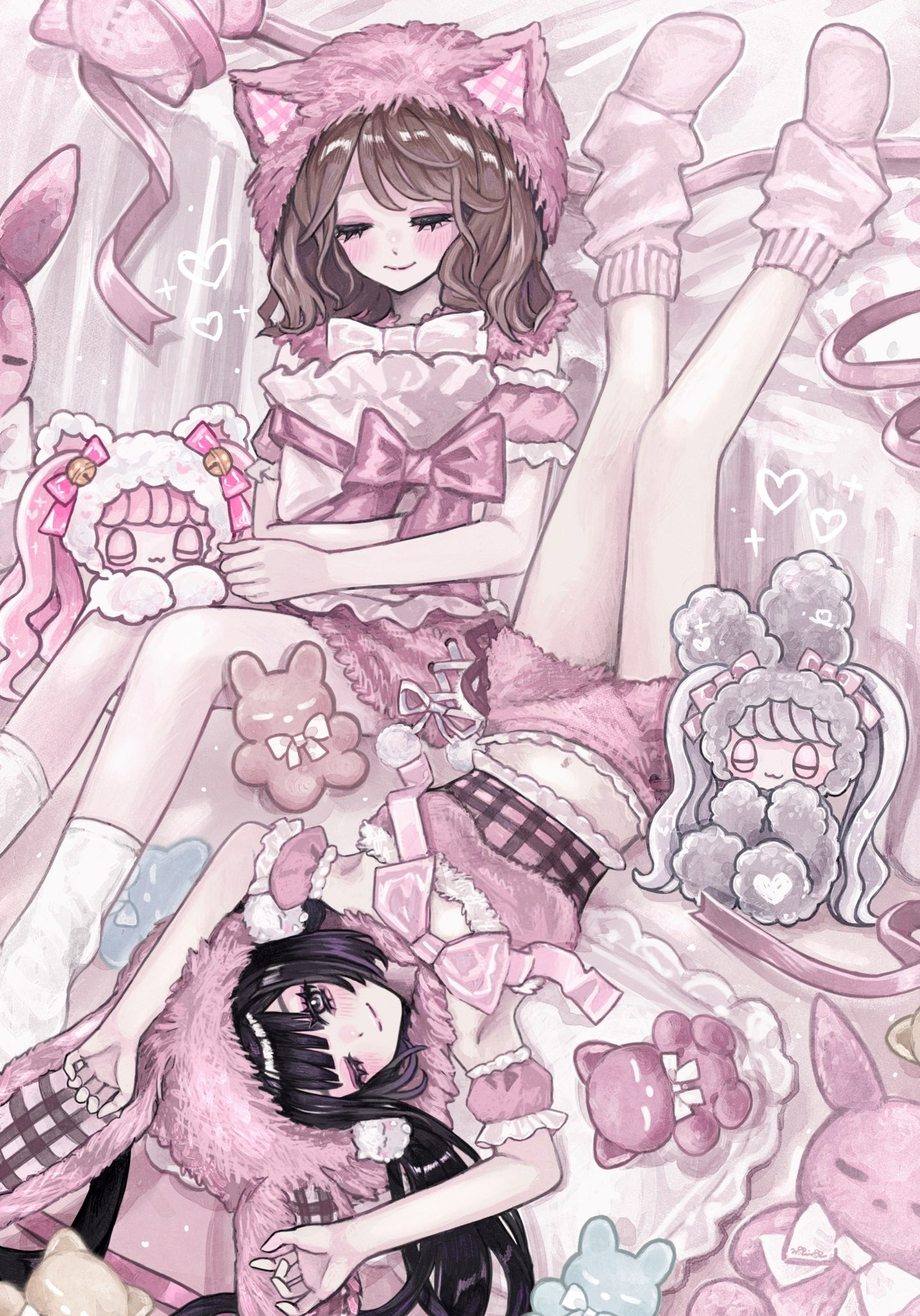 min (mts2314), original, commentary, highres, 2girls, animal ear hood, arms up, bed, black hair, blush, bow, brown hair, closed eyes, closed mouth, crop top, detached sleeves, fake animal ears, full body, hair between eyes, hood, leg warmers, looking at viewer, multiple girls, on floor, one eye closed, pink bow, pink hood, pink leg warmers, pink shirt, pink shorts, pink socks, shirt, short sleeves, shorts, sitting, smile, socks, stuffed toy, upside-down