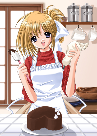 apron, blonde hair, blue eyes, cake, food, hair ribbon, icing, kitchen, open mouth, ribbon