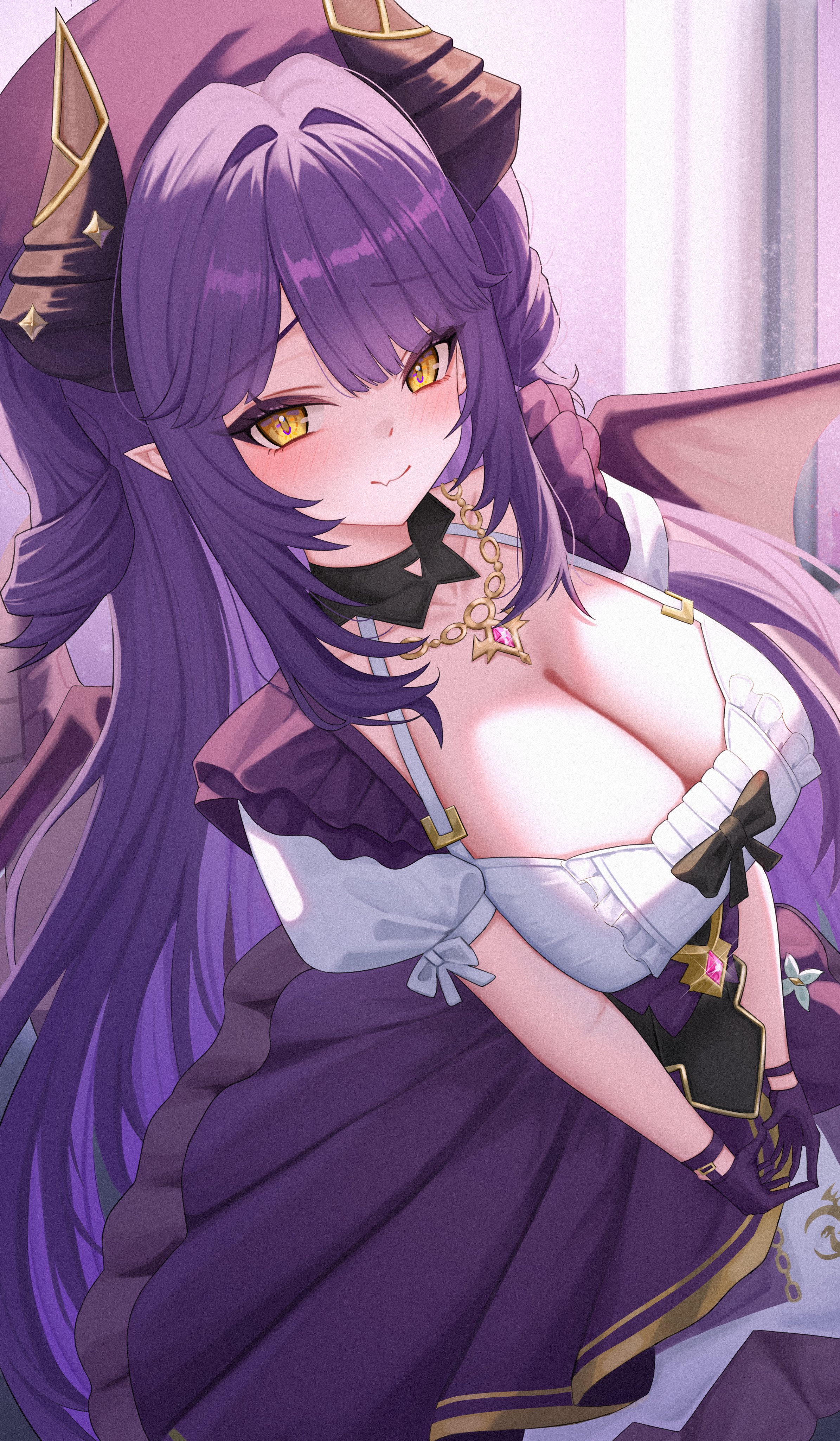 sakihane huya, stellive, absurdres, hashtag-only commentary, highres, 1girl, black bow, black horns, blush, bow, breasts, center frills, cleavage, closed mouth, collarbone, doro 316, dragon girl, dragon horns, dragon tail, dragon wings, dutch angle, fang, frilled shirt, frills, gem, glint, gloves, gold necklace, gold trim, hair intakes, hat, horns, jewelry, large breasts, light particles, long hair, looking at viewer, necklace, pink gemstone, pointy ears, puffy short sleeves, puffy sleeves, purple background, purple gloves, purple hair, purple hat, purple skirt, shirt, shirt bow, short sleeves, skin fang, skirt, slit pupils, smile, solo, standing, steepled fingers, tail, two side up, v arms, very long hair, virtual youtuber, white shirt, wings, yellow eyes