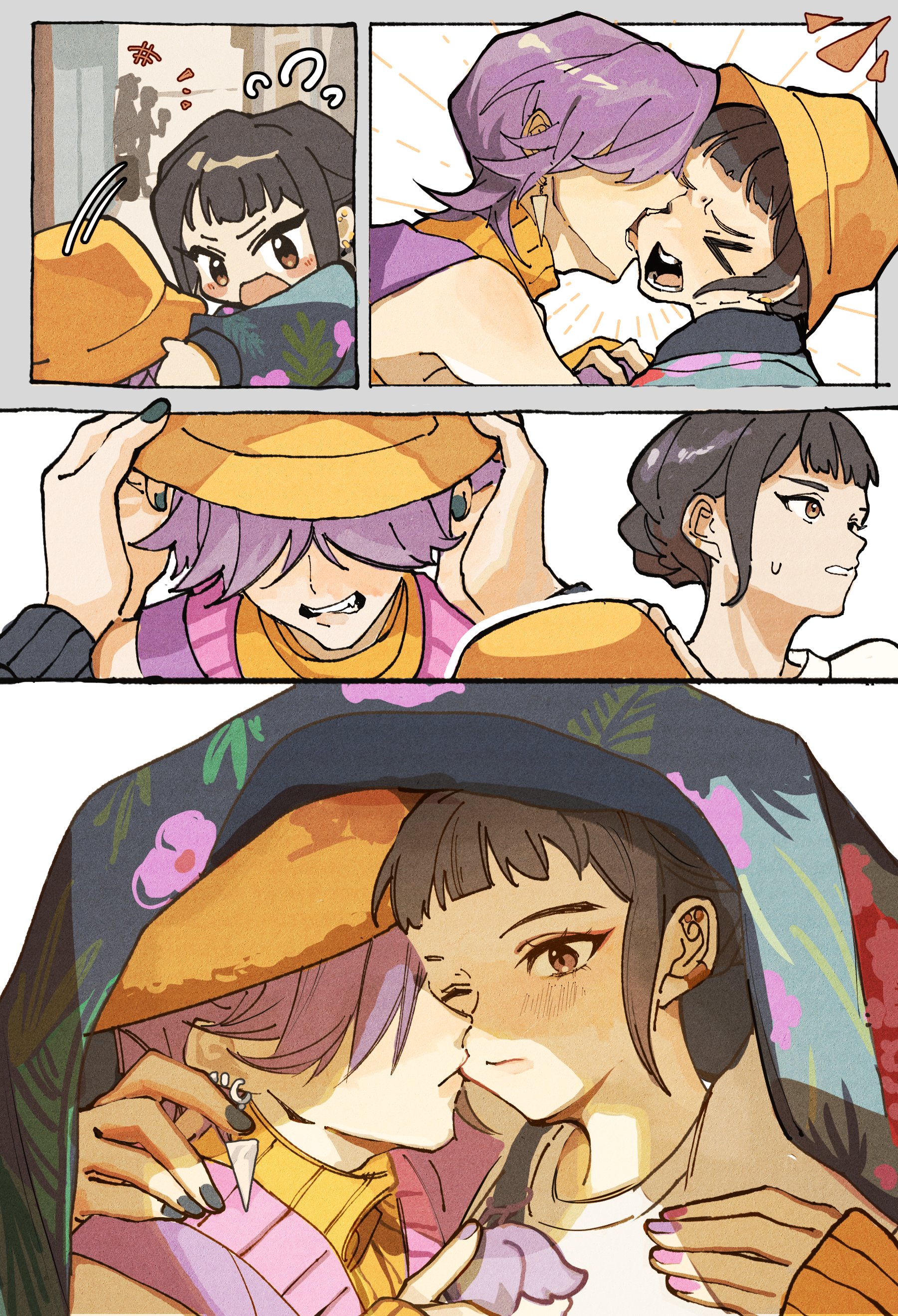 mystery (kpop demon hunters), zoey (kpop demon hunters), kpop demon hunters, absurdres, highres, > <, 1boy, 1girl, arm around neck, bare shoulders, biting, biting cheek, black hair, black nails, blunt bangs, brown eyes, clenched teeth, couple, detached sleeves, dragonla, earrings, food, fruit, furrowed brow, hair over eyes, hands on headwear, hetero, imminent kiss, jewelry, nail polish, one eye closed, open mouth, orange (fruit), orange arm warmers, orange hair, orange slice, parted lips, pink nails, purple hair, purple sweater vest, shirt, shirt under sweater, short bangs, short hair, shouting, sidelocks, sleeveless, sleeveless turtleneck, sweatdrop, sweater vest, teeth, turtleneck, under covers, updo, white shirt