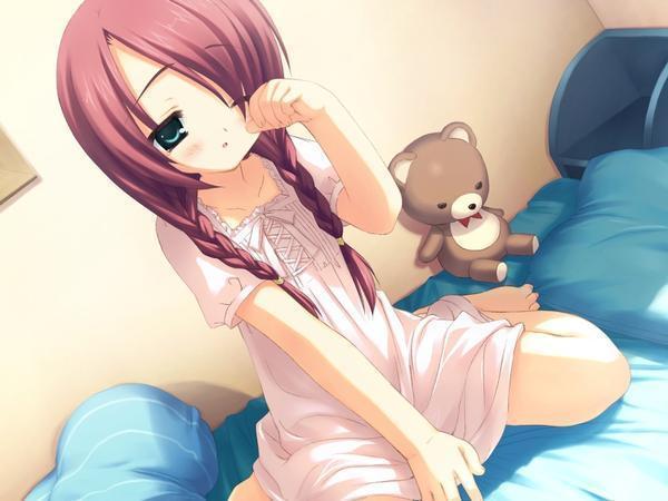 blush, braid, green eyes, kneeling, lingerie, red hair, sleepy, stuffed animal, stuffed toy, teddy bear, underwear