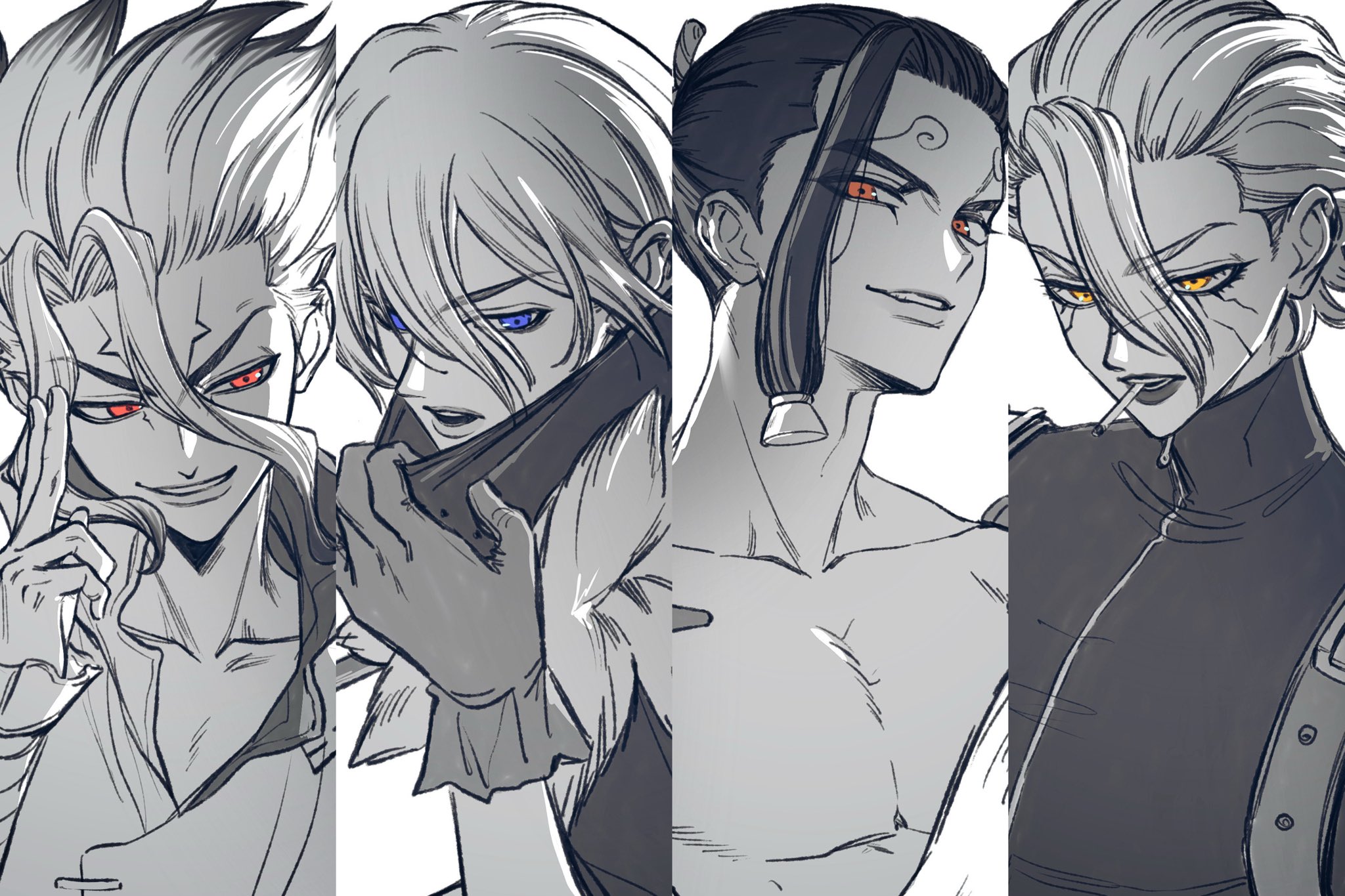 hyoga (dr. stone), ishigami senkuu, mozu (dr. stone), dr. stone, highres, 4boys, blue eyes, collarbone, cracked skin, fur trim, gloves, grin, hair between eyes, hair pulled back, jacket, long hair, looking at viewer, makeup, male focus, mask, mask pull, monochrome, mouth mask, multicolored hair, multiple boys, open mouth, orange eyes, parted lips, red eyes, scar, scar on face, short hair, smile, spiked hair, spot color, stanley snyder (dr.stone), turtleneck, upper body, wa wawa ii, white background, yellow eyes