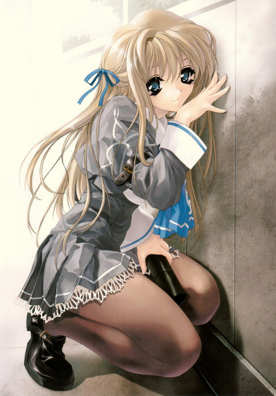 brown hair, green eyes, hair ribbon, kneeling, long hair, ribbon, smile, thighhighs