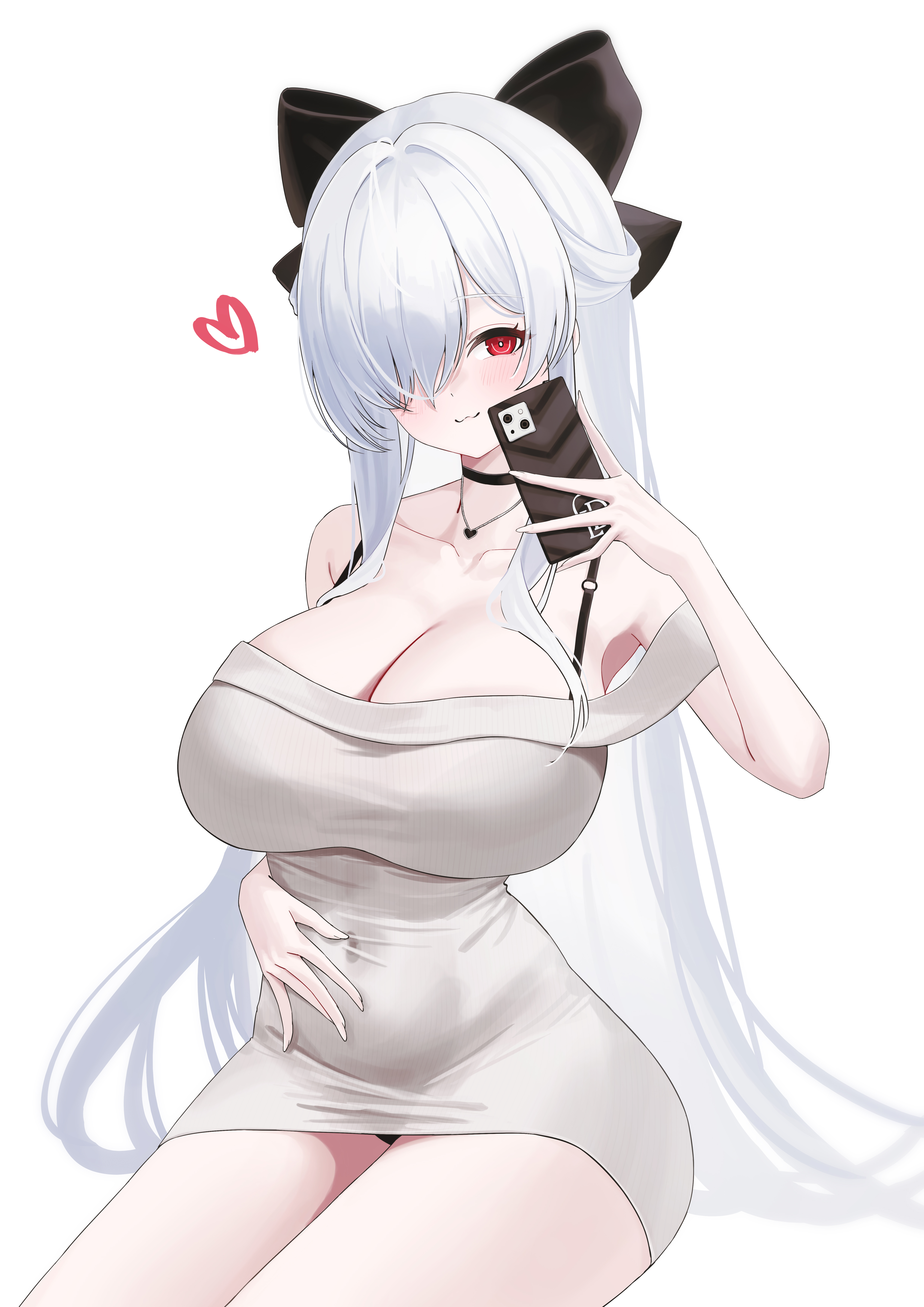 sxrxri a, cinderella (beautiful me) (nikke), cinderella (nikke), goddess of victory: nikke, absurdres, highres, 1girl, :3, black choker, breasts, choker, cleavage, dongtan dress, dress, grey dress, hair over one eye, heart, holding, holding phone, jacket, jewelry, large breasts, long hair, necklace, official alternate costume, phone, red eyes, simple background, solo, taut clothes, taut dress, very long hair, white hair
