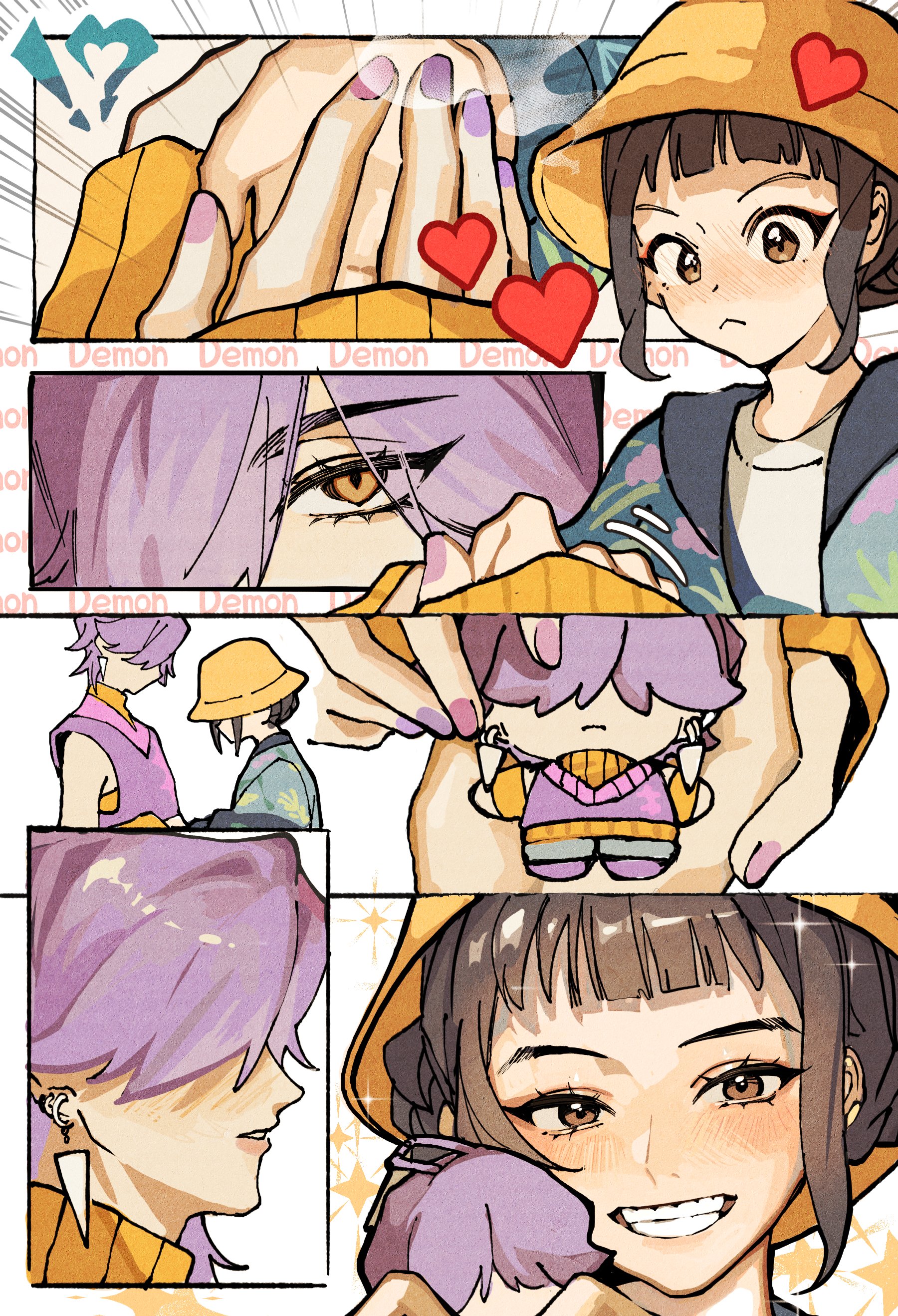 mystery (kpop demon hunters), zoey (kpop demon hunters), kpop demon hunters, absurdres, highres, 1boy, 1girl, bare shoulders, black hair, blunt bangs, blush, brown eyes, character doll, detached sleeves, doll, dragonla, earrings, food, fruit, grin, hair over eyes, jewelry, nail polish, orange (fruit), orange arm warmers, orange eyes, orange hair, orange slice, parted lips, purple hair, purple nails, purple sweater vest, shirt, shirt under sweater, short bangs, short hair, sidelocks, sleeveless, sleeveless turtleneck, smile, sparkle, sweater vest, teeth, turtleneck, updo, white shirt