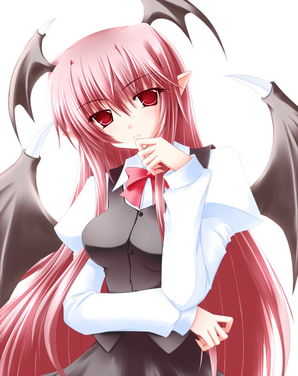 tagme, demon, long hair, pointy ears, red eyes, red hair, smile, wings