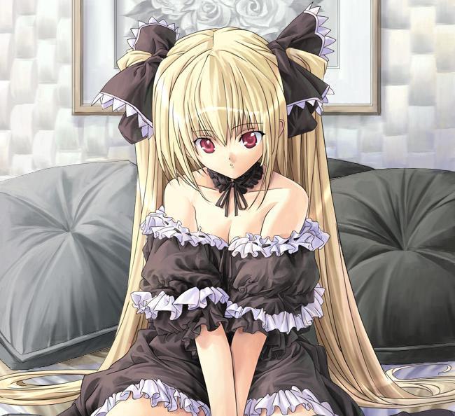 eve (black cat), black cat (series), eyebrows, jpeg artifacts, 00s, blonde hair, bow, breasts, choker, cleavage, flat chest, frills, goth fashion, hair ribbon, lace, long hair, red eyes, ribbon, sitting, skirt, twintails