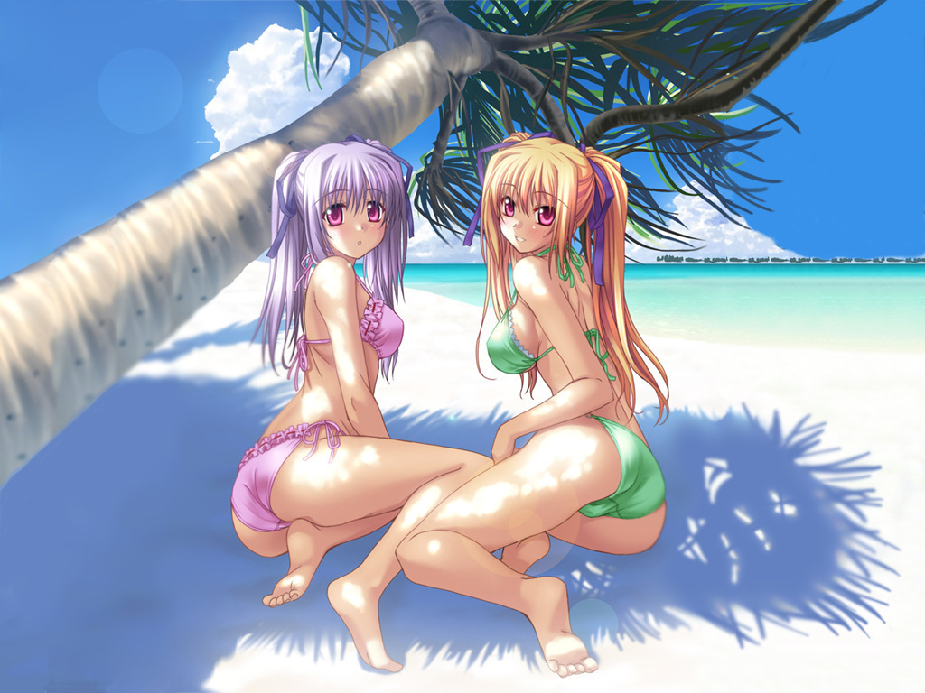 2girls, beach, bikini, blonde hair, blush, breasts, hair ribbon, long hair, multiple girls, palm tree, purple hair, red eyes, ribbon, sideboob, sitting, swimsuit, thighhighs, tree