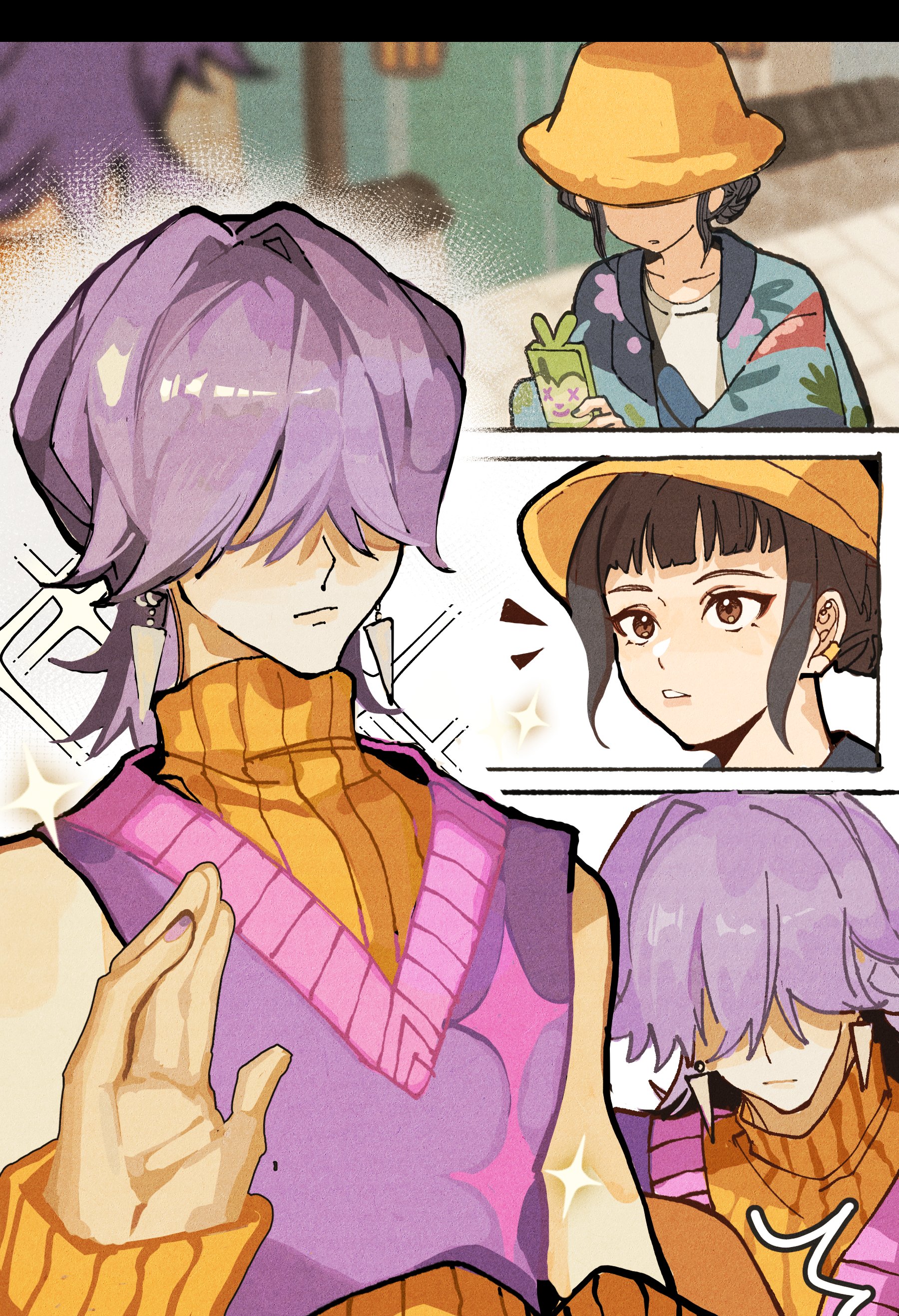 mystery (kpop demon hunters), zoey (kpop demon hunters), kpop demon hunters, absurdres, highres, 1boy, 1girl, bare shoulders, black hair, blunt bangs, brown eyes, detached sleeves, dragonla, earrings, food, fruit, hair over eyes, holding, holding phone, jewelry, orange (fruit), orange arm warmers, orange hair, orange slice, parted lips, phone, purple hair, purple sweater vest, short bangs, short hair, sidelocks, sleeveless, sleeveless turtleneck, sparkle, sweater vest, turtleneck, updo