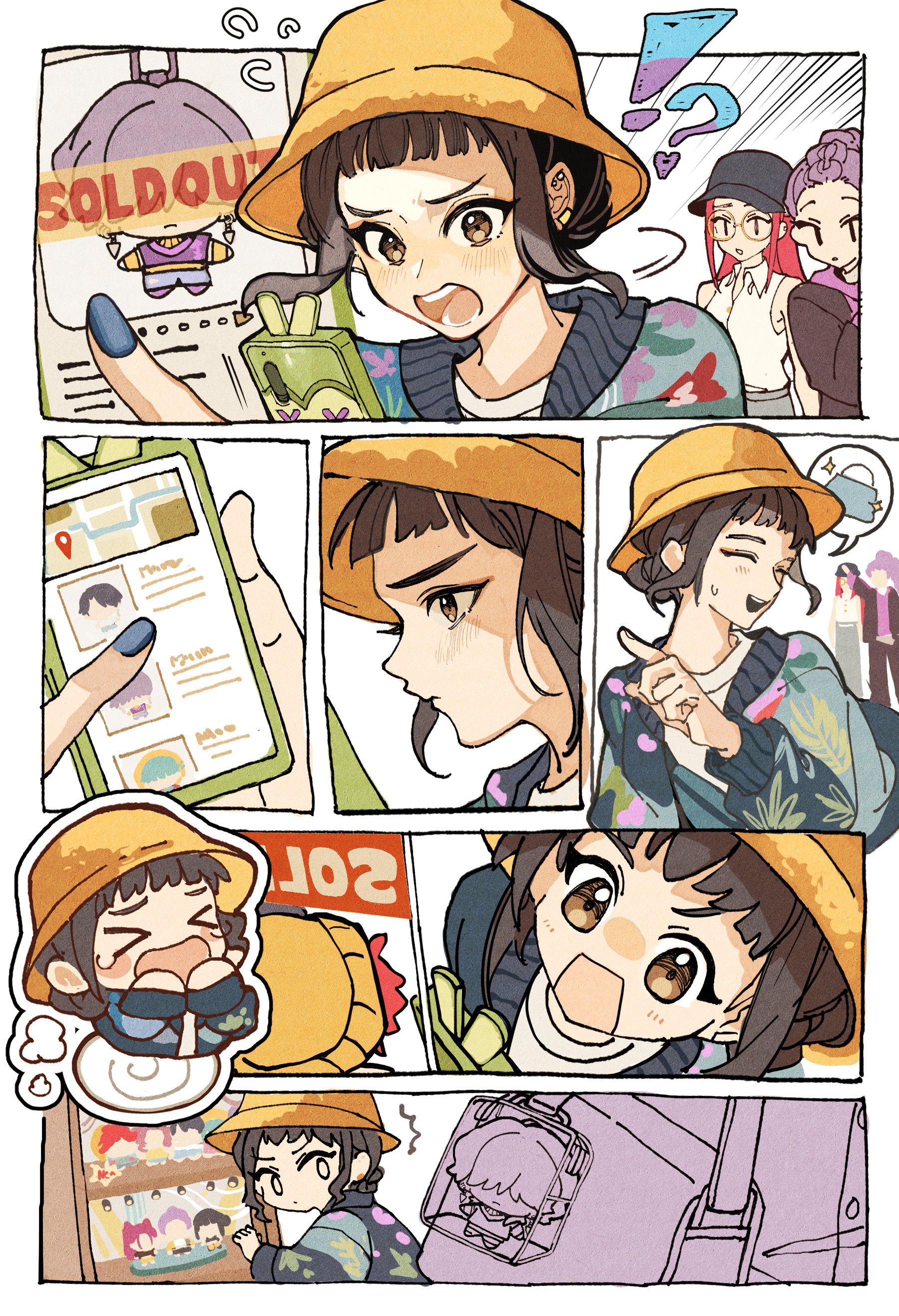 mira (kpop demon hunters), mystery (kpop demon hunters), rumi (kpop demon hunters), zoey (kpop demon hunters), kpop demon hunters, absurdres, highres, > <, black hair, black sweater, blue nails, blunt bangs, braid, brown eyes, character charm, charm (object), collared shirt, crying, dragonla, furrowed brow, glasses, hat, holding, holding phone, long hair, nail polish, open mouth, orange hat, phone, pink hair, purple hair, shirt, short bangs, short hair, single braid, sleeveless, sleeveless shirt, sweater, tears, updo, vending machine, white shirt