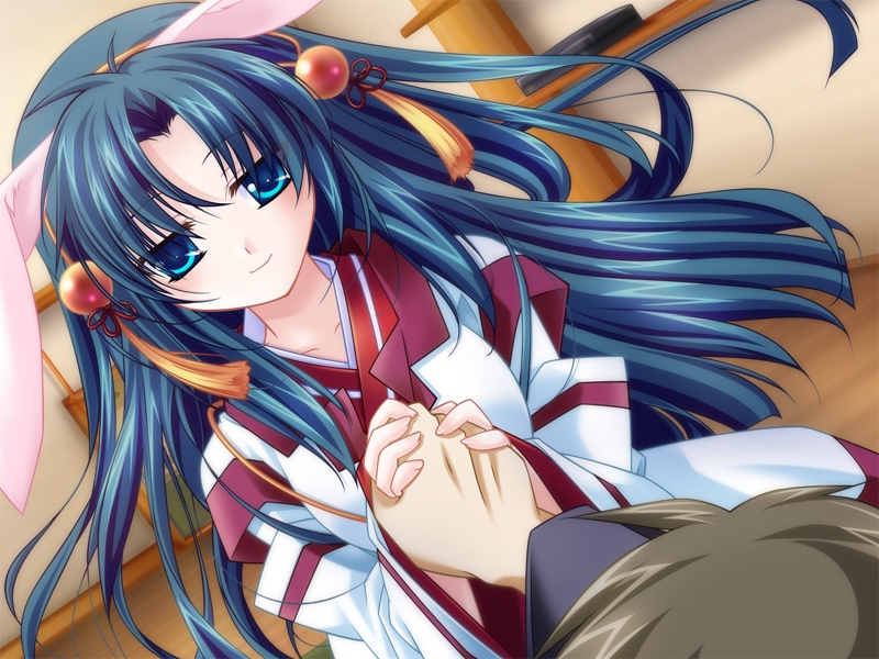 minazuki haruka, nayuta (relict2), relict2, game cg, 1girl, animal ears, blue eyes, blue hair, blush, dutch angle, female focus, long hair, long sleeves, looking at viewer, matching hair/eyes, pov, school uniform, serafuku, shirt, solo, very long hair, white shirt