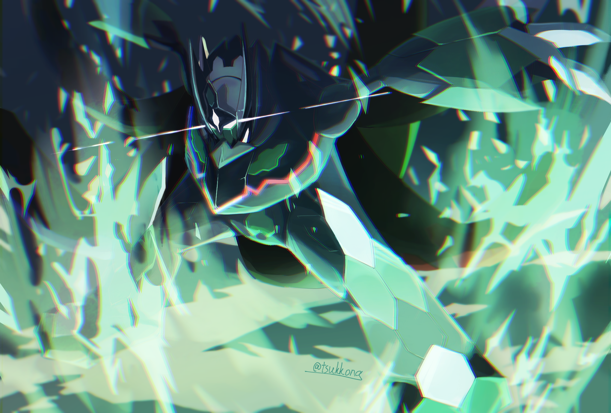 tsukkon, zygarde, zygarde (complete), nintendo, pokemon, commentary request, highres, chromatic aberration, claws, empty eyes, gen 6 pokemon, legendary pokemon, pokemon (creature), pokemon focus, solo, twitter username, wings