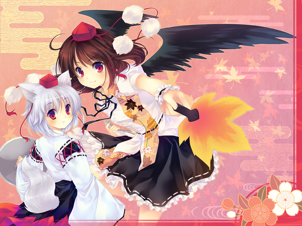 shinia, inubashiri momiji, shameimaru aya, touhou, silver hair, 2girls, animal ears, black hair, black wings, female focus, foreshortening, hand fan, hat, multiple girls, outstretched arm, red eyes, shield, short hair, smile, tail, tokin hat, wings, wolf ears, wolf tail