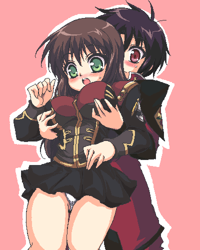 mi-sya, setsuko ohara, shinn asuka, banpresto, gundam, gundam seed, gundam seed destiny, super robot wars, super robot wars z, super robot wars z1, uniform, lowres, 00s, 1boy, 1girl, :o, blush, breasts, brown hair, embarrassed, grabbing another's breast, green eyes, groping, hetero, large breasts, long hair, miniskirt, oekaki, panties, pantyshot, pleated skirt, purple hair, red eyes, short hair, skirt, surprised, surprised arms, sweat, underwear