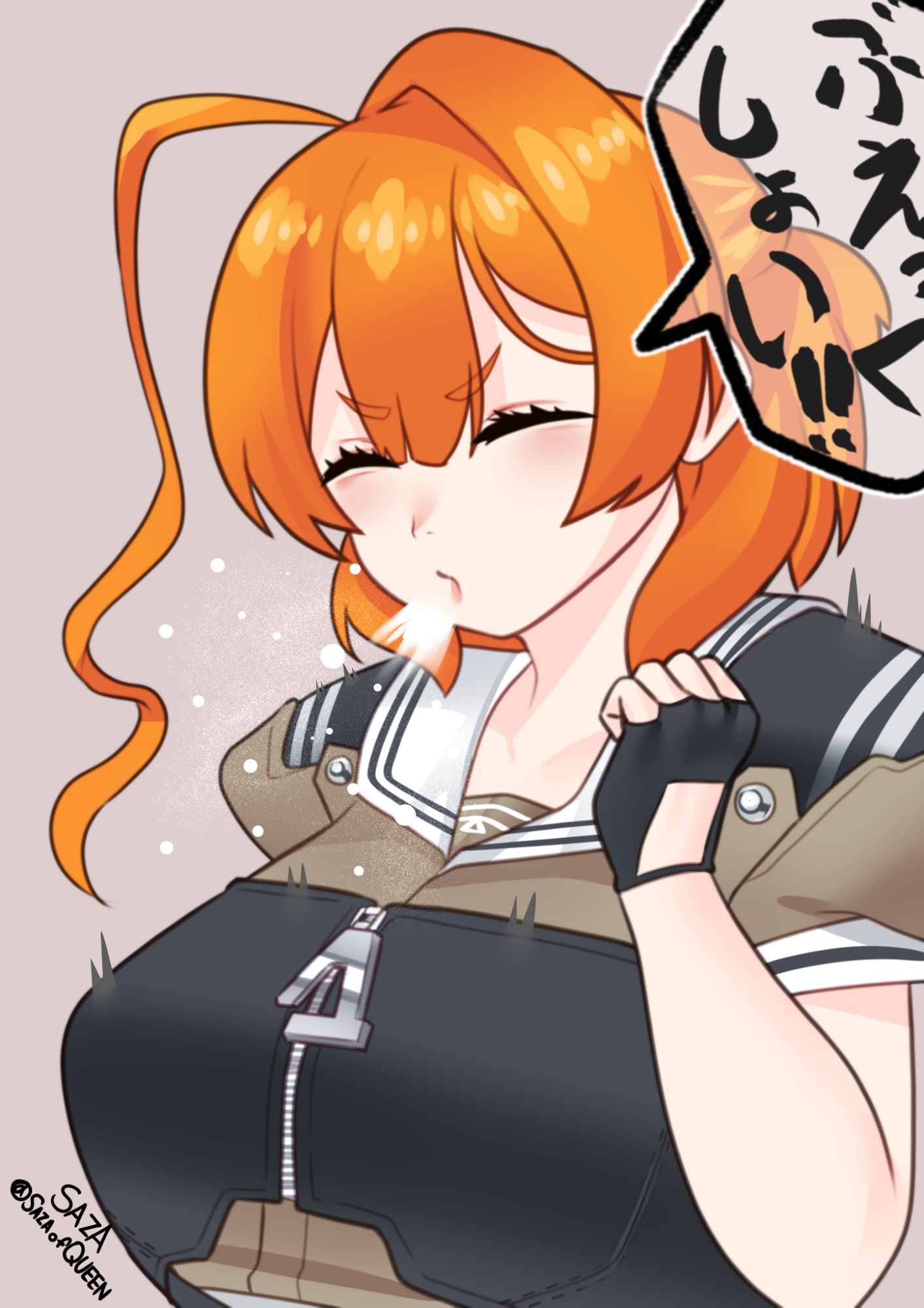 saza of queen, kaya (kancolle), kantai collection, commentary, english commentary, highres, 1girl, ahoge, black gloves, brown shirt, fingerless gloves, gloves, huge ahoge, orange hair, sailor collar, sailor shirt, shirt, short hair, sneezing, solo, upper body, white sailor collar