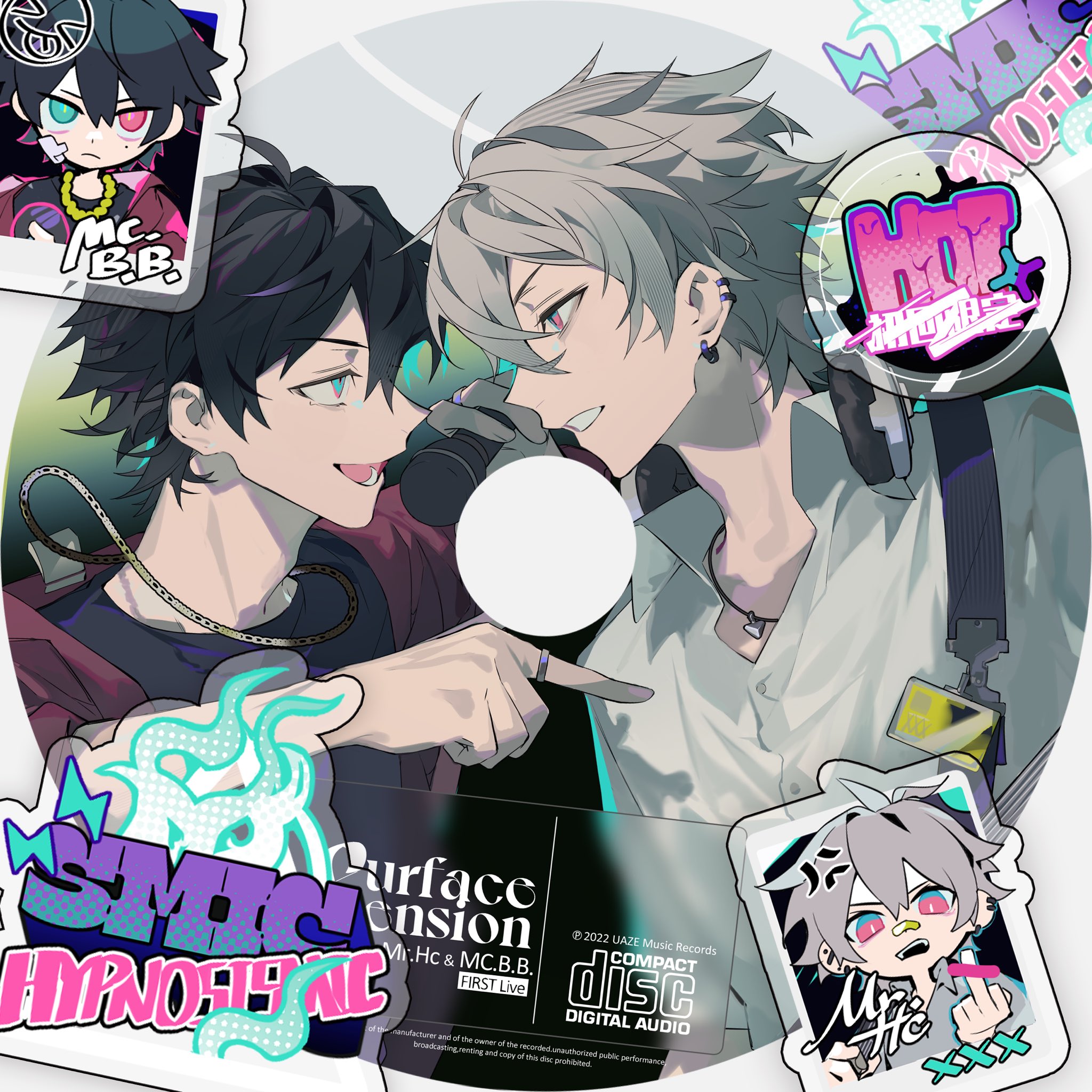 shuiyiyaogong, aohitsugi samatoki, yamada ichiro, hypnosis mic, highres, 2boys, ahoge, anger vein, bag, bandaid, bandaid on cheek, bandaid on face, bandaid on nose, black hair, black shirt, cd, chibi, chibi inset, closed mouth, collared shirt, ear piercing, earrings, english text, eye contact, graffiti, green eyes, grey hair, hair between eyes, headphones, headphones around neck, heterochromia, holding, holding microphone, id card, jacket, jewelry, long sleeves, looking at another, male focus, microphone, middle finger, mole, mole under eye, multiple boys, necklace, open mouth, piercing, pointing, profile, red eyes, red jacket, ring, shirt, short hair, shoulder bag, smile, teeth, upper body, white shirt, yaoi