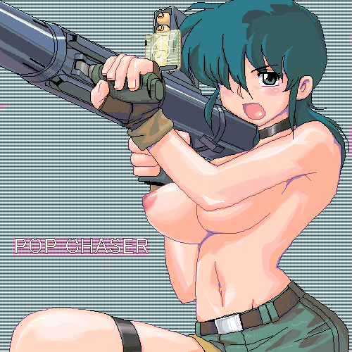 matagitii, rio (pop chaser), cream lemon, pop chaser, lowres, third-party edit, 1girl, belt, blue hair, blush, breasts, choker, copyright name, female focus, fingerless gloves, gloves, green eyes, green hair, gun, hair over one eye, large breasts, m1 bazooka, matching hair/eyes, nipples, retro artstyle, rocket launcher, shorts, solo, topless female, weapon