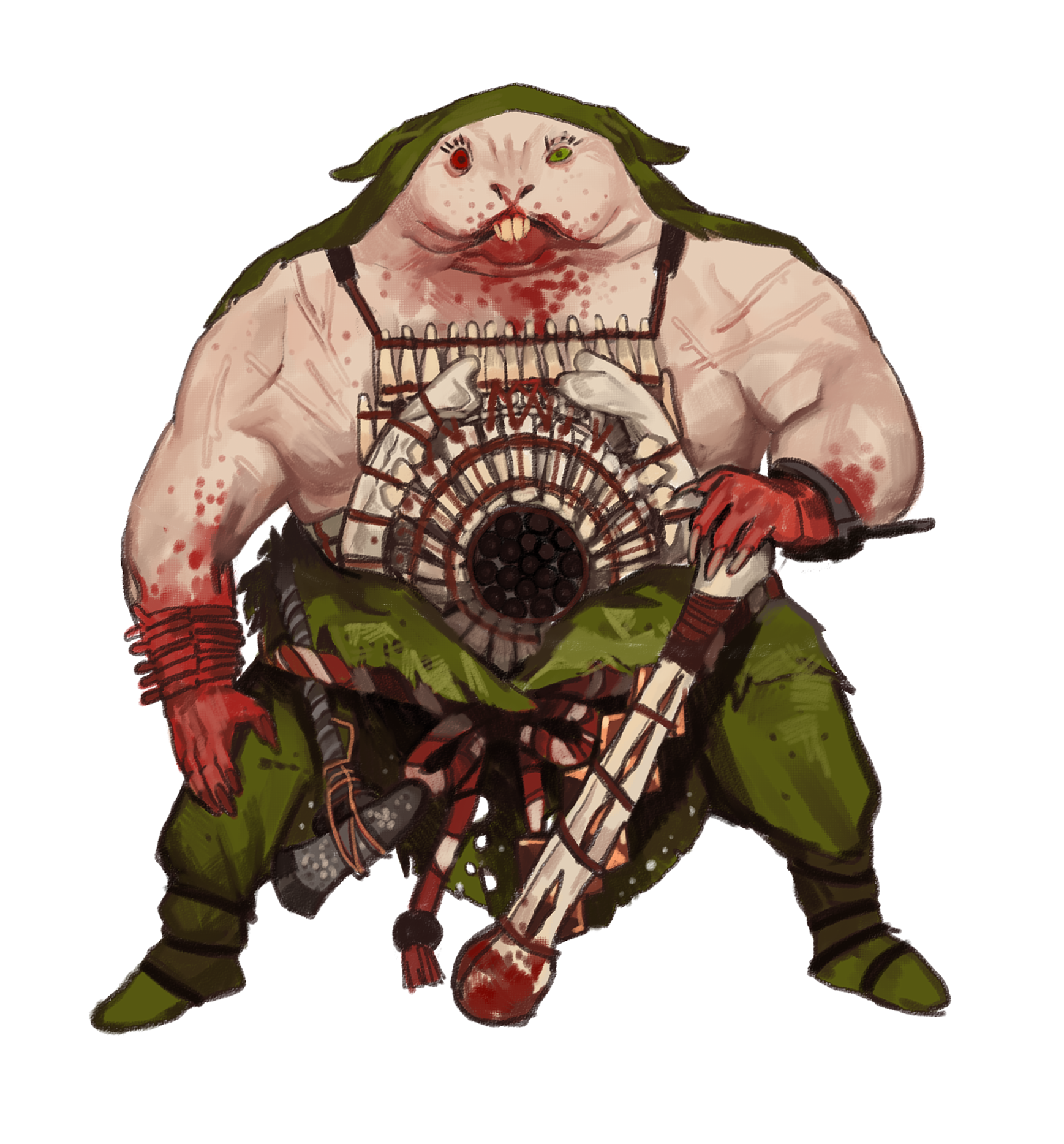 mossacannibalis, jissouseki, rozen maiden, highres, 1other, blood, blood on face, blood on hands, bone armor, bone weapon, green eyes, heterochromia, hood, no humans, no shirt, red eyes, scar, solo, white background