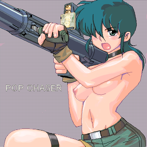 matagitii, rio (pop chaser), cream lemon, pop chaser, lowres, 1girl, belt, blue hair, blush, breasts, choker, copyright name, female focus, fingerless gloves, gloves, green eyes, green hair, gun, hair over one eye, large breasts, long hair, m1 bazooka, matching hair/eyes, nipples, retro artstyle, rocket launcher, shorts, solo, topless female, weapon